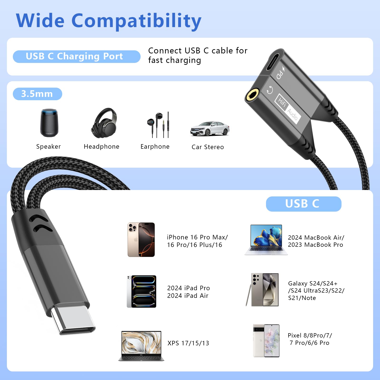 Magnetic 2-in-1 USB C to 3.5mm Audio Jack Headphone and Charge Cable Adapter for Type C Devices,PD 60W Fast Charge Earphone Converter Splitter for iPhone 15 16/Samsung/Huawei/iPad Pro Air