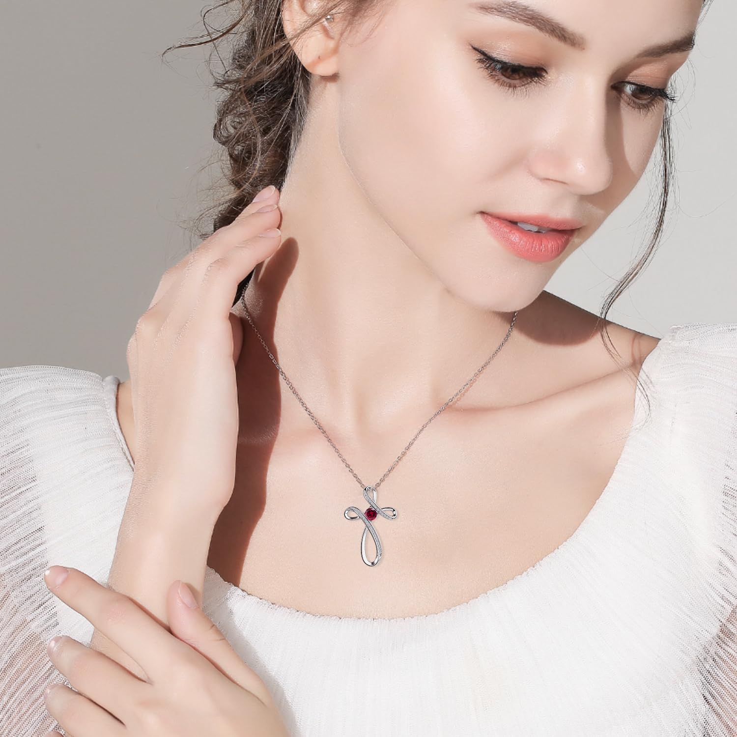 Sterling Silver Cross Necklace, Birthstone Necklace for Women, Cubic Zirconia Crosses Pendant Necklaces, Trendy Womens Wife Mom Daughter CZ Jewelry Gifts for Confirmation Baptism Morhers Day Birthday - Image 2