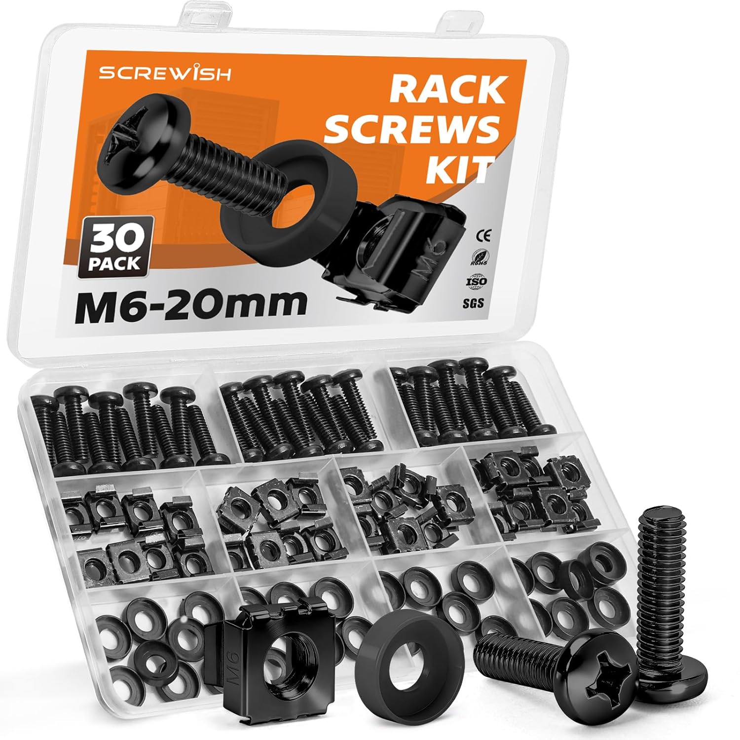 30 Pack M6 x 20mm Rack Screws Kit (Black), Cage Nuts and Washers, Organizer Case with Dividers for Server Racks and Network Cabinets