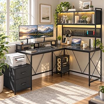 kepptory L Shaped Gaming Desk with 2 Drawers and Hutch, Home Office Computer Desk with Computer Stand and Pegboard, Corner Desk with Printer Desktop&Power Outlet, Black