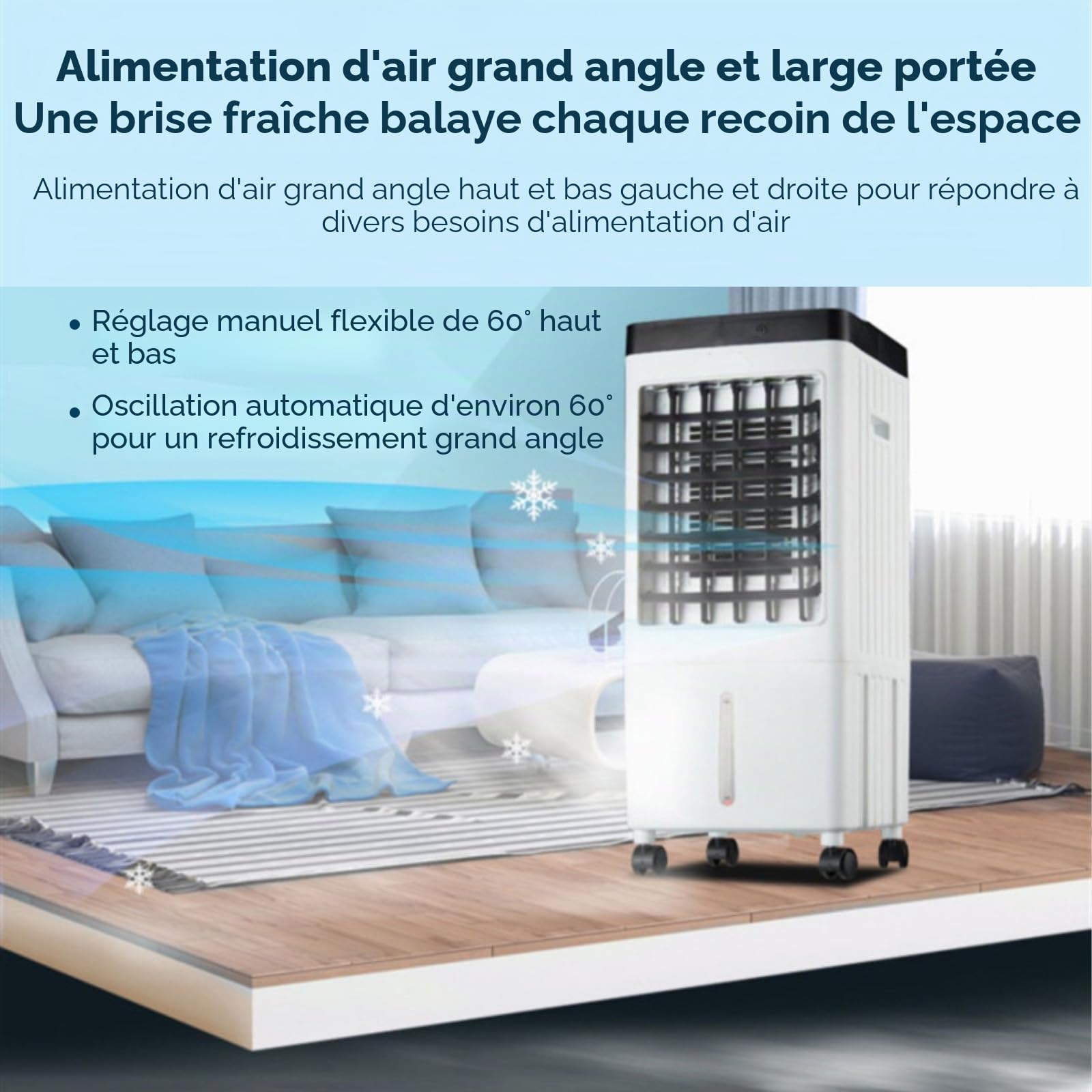 Climatiseur mobile 4 en 1 sans tuyau d'évacuation, humidificateur et purificateur d'air, refroidisseur d'air mobile avec réservoir d'eau de 10 l, télécommande, minuterie, oscillation à 120°, débit