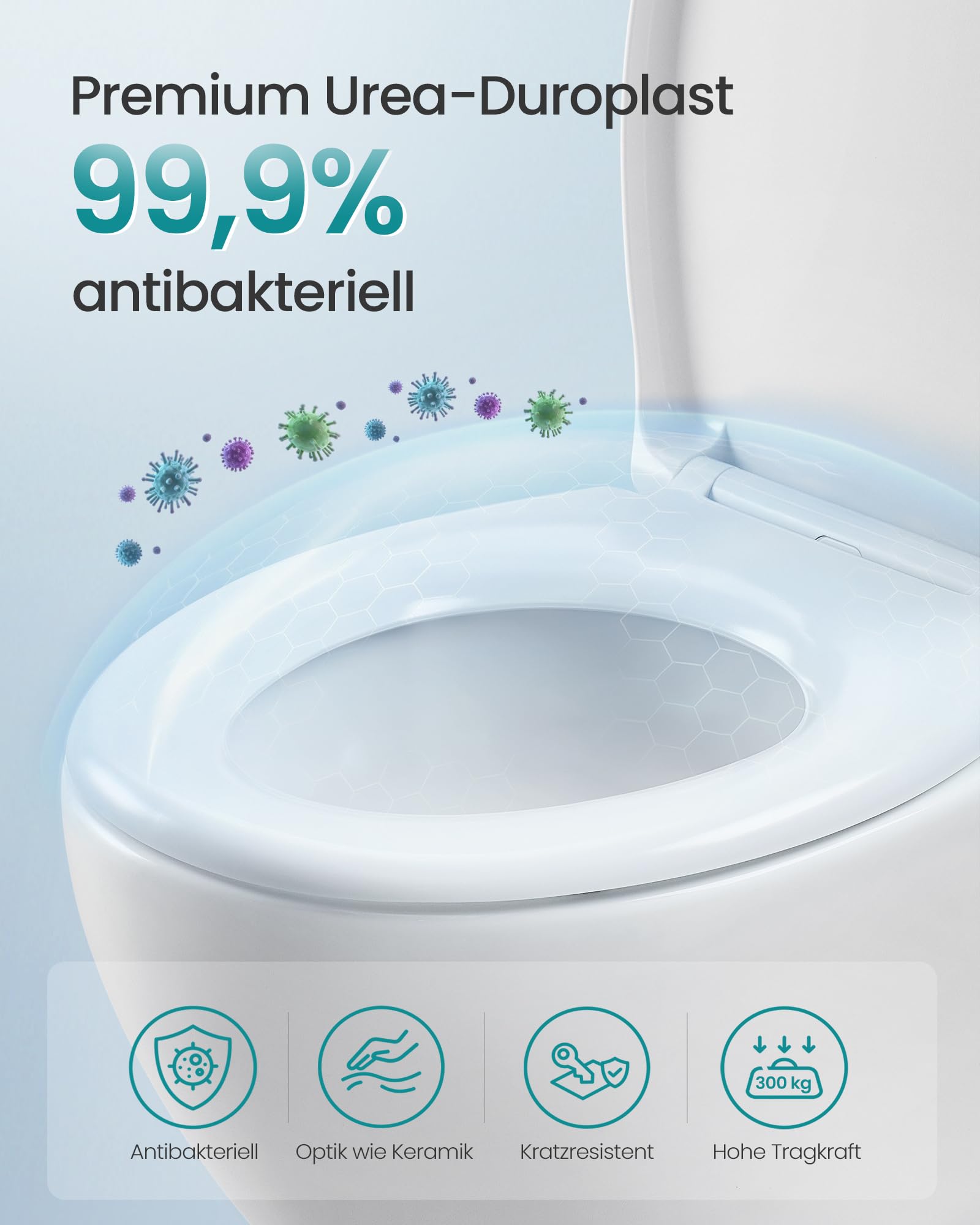 SONGMICS Toilettendeckel O-Form, WC-Sitz mit Absenkautomatik, Griff, Toilettensitz schnell abnehmbar, Klodeckel einfache Montage, WC-Deckel Urea-Duroplast, bis 300 kg belastbar, weiß BTL101WZ01