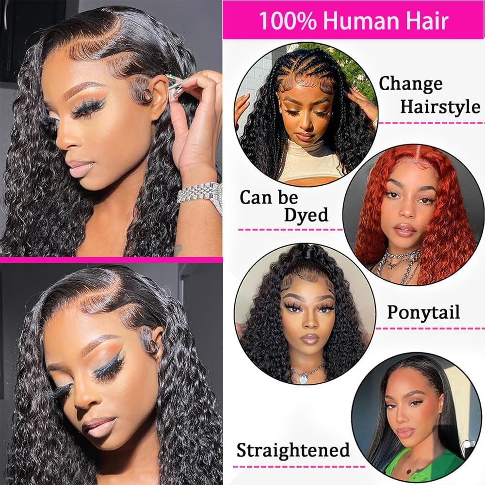 30 Inch 13x6 Deep Wave Lace Front Wigs Human Hair Curly HD Lace Front Human Hair Wig Pre Plucked 100% Real Human Hair 180% Density No Synthetic Blend No Tangle No Shedding Triple Lifespan 3X