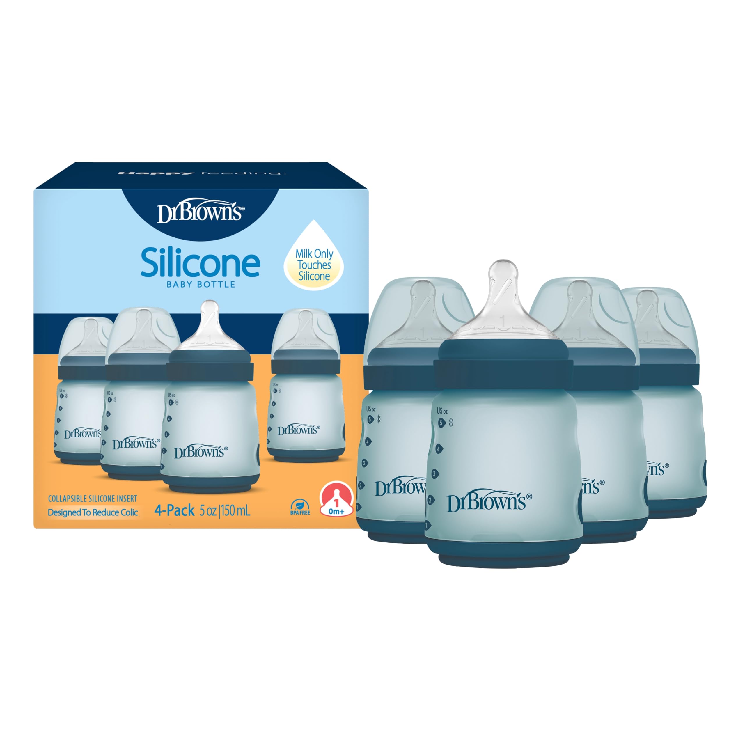 Dr. Brown's Silicone Baby Bottle with Collapsible Insert Designed to Reduce Colic, 5 oz with Wide-Neck Level 1 Slow Flow Nipple, BPA-Free, 0m+, Blue, 4-Pack