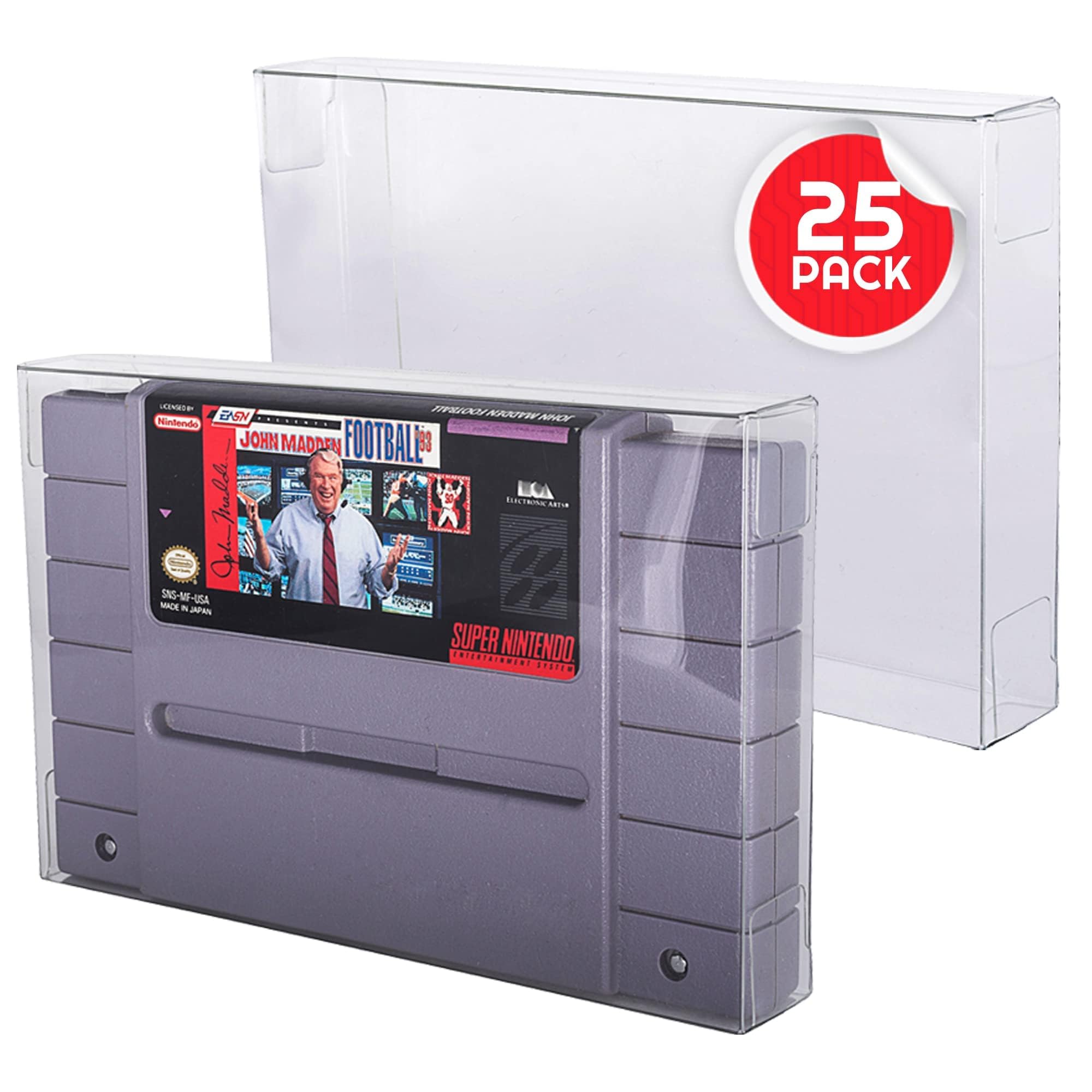 SNES Games Lot de 25 films protecteurs d'écran compatibles avec Super Nintendo SNES Games 0,4 mm d'épaisseur, anti-poussière, sans acide, coque transparente en PET EVORETRO