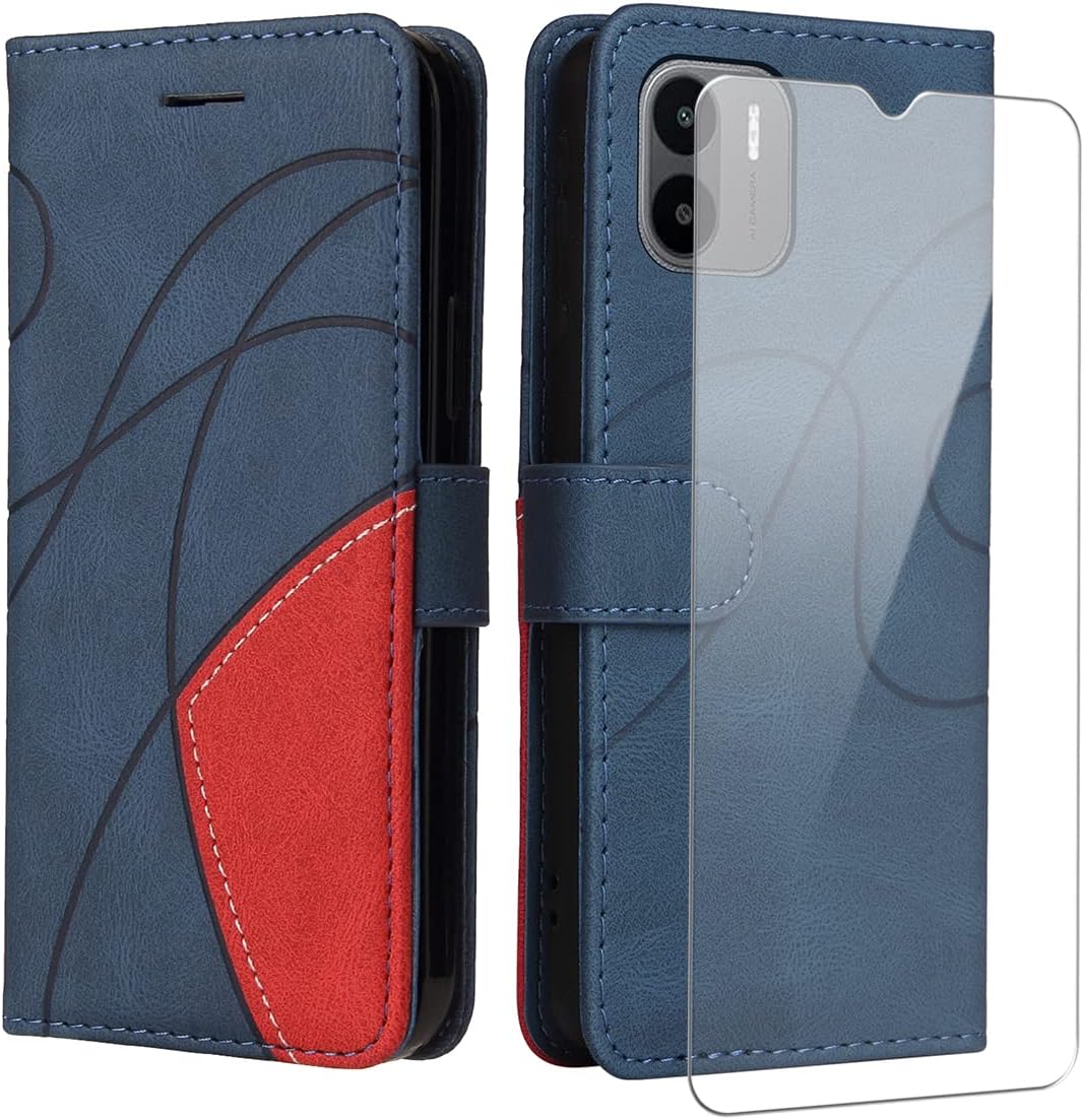Funda para Xiaomi Redmi A1, Combinación de Colores (Azul y Rojo) PU Cuero Función de Soporte Billetera Flip Protectora Carcasa con UNO Cristal Templado Protector de Pantalla para Xiaomi Redmi A1
