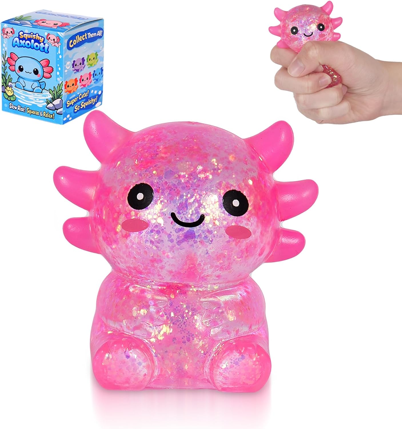 Axolotl Squishy Stress Ball, Soft TPR Slow Rising Squeeze Toy, Cute Axolotl Fidget Toy for Stress Relief, Anxiety Calming Sensory Toy for Kids Adults(Pink Seated Axolotl)
