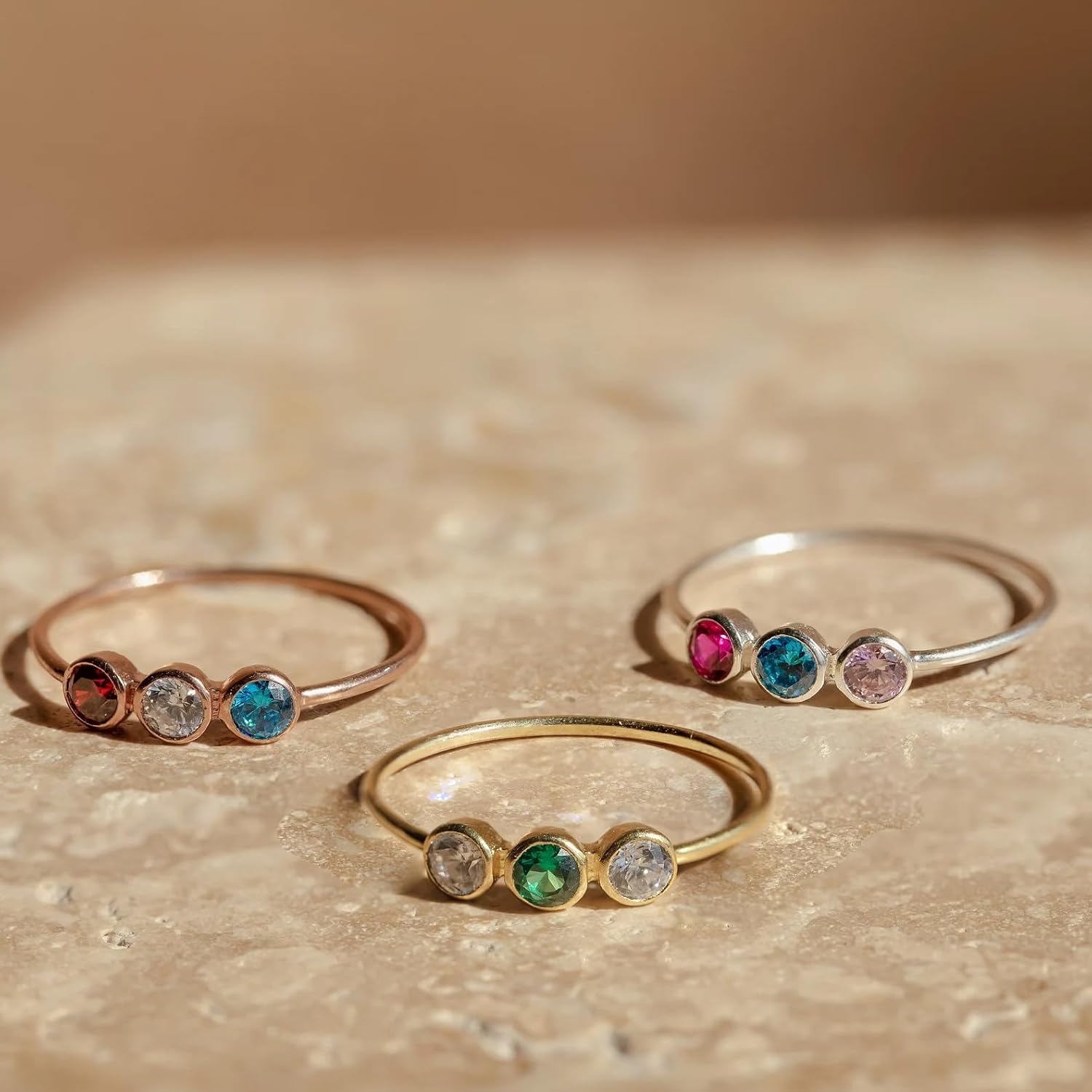 Personalized Triple Birthstone Ring, Custom Multi Color Stacking Ring for Women, Dainty Minimalist Gold Ring, 18K Gold Plated Silver Birthday Gift for Her