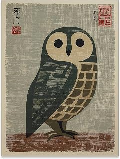 GO-SANTNN Vintage Japanese Canvas Wall Art Retro Owl Poster Mid Century Animal Print Minimalist Bird Painting Nature Rustic Artwork for Lndie Room Bedroom Living Room Gallery Decor 12x16in Unframed