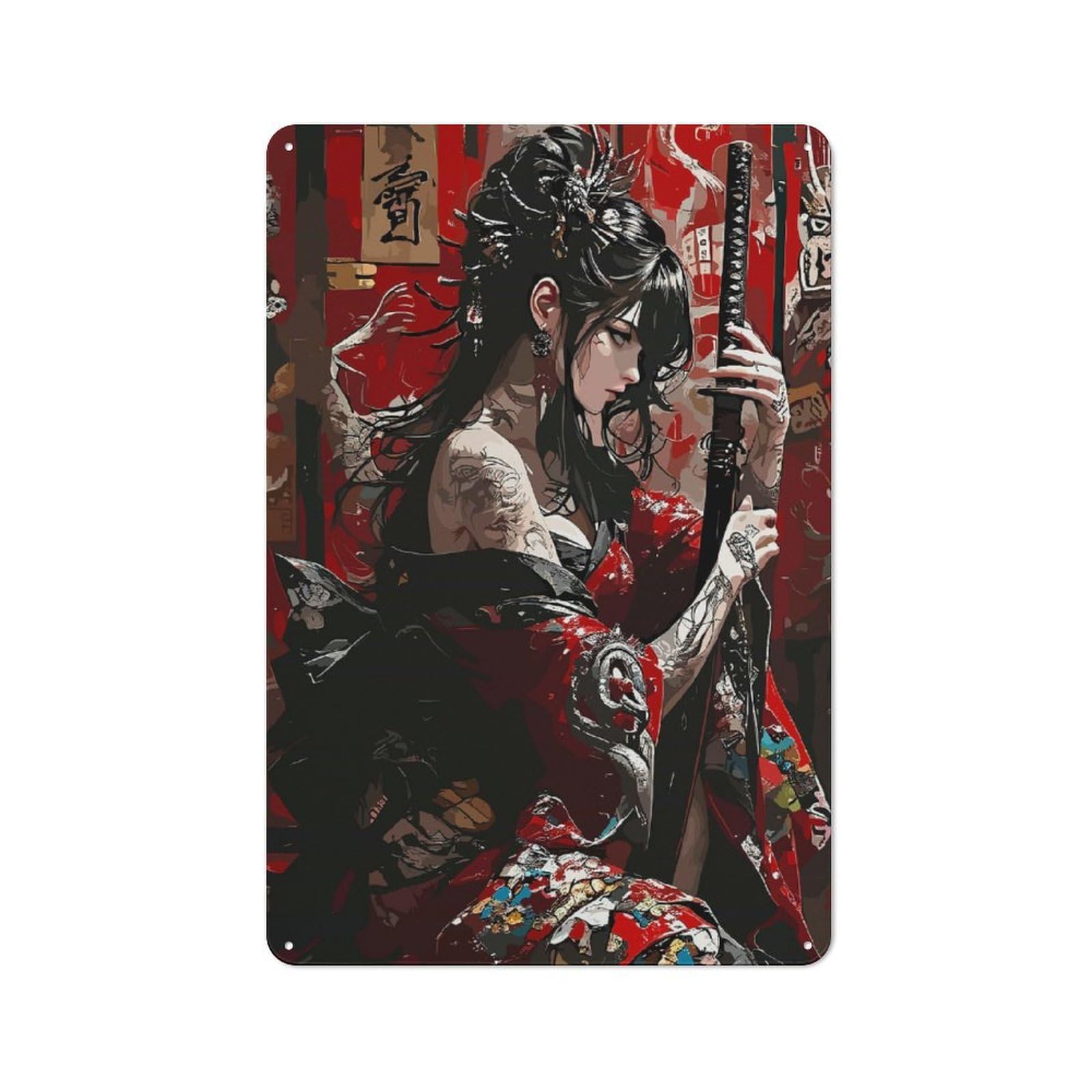 Junmoney Tattooed Geisha With Katana For Garden Room Or Summerhouse, Vintage Tin Sign 30X20cm, For Display In Garden Rooms And Summerhouses
