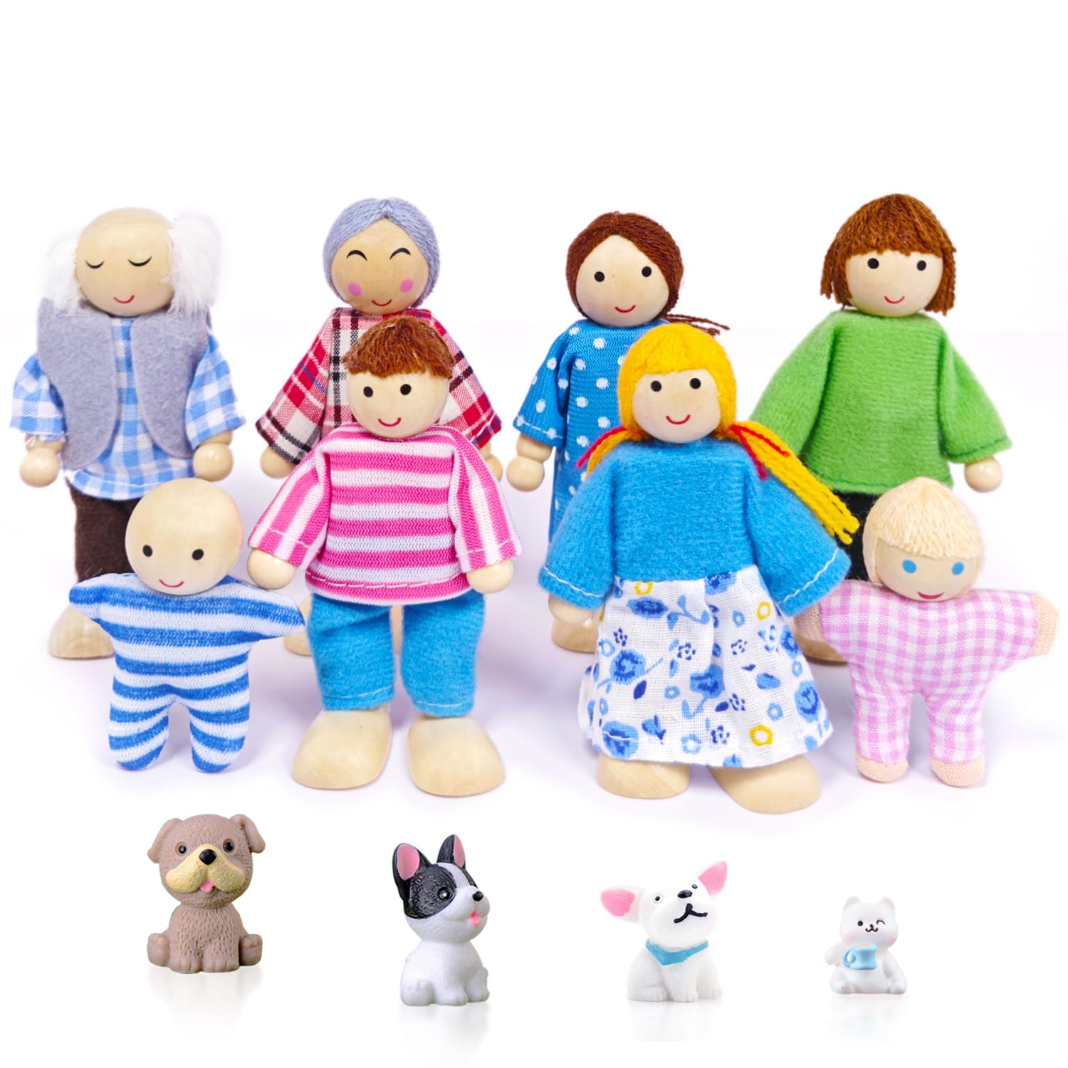DUOCIYUAN Dollhouse Dolls, 12 Pieces Dollhouse Figures with Cat and Dog Dolls Family Set Wooden Doll Toy for Children Doll Families Bending Dolls for Dollhouse Accessories Gift