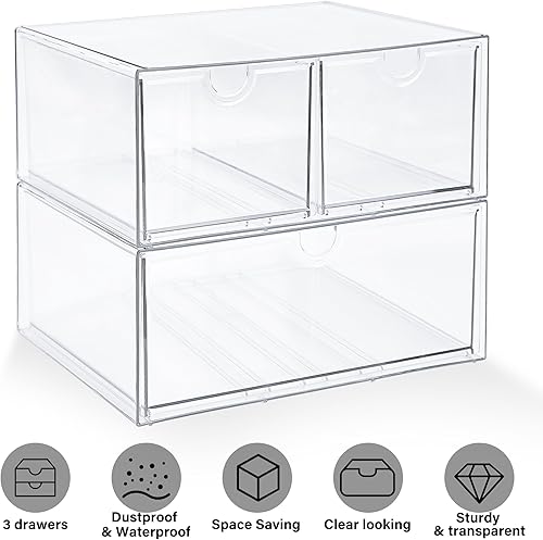 Miniatura 7 de Prsildan Organizador de maquillaje acrílico con 3 cajones, almacenamiento apilable transparente para biberones, manualidades, joyas y accesorios