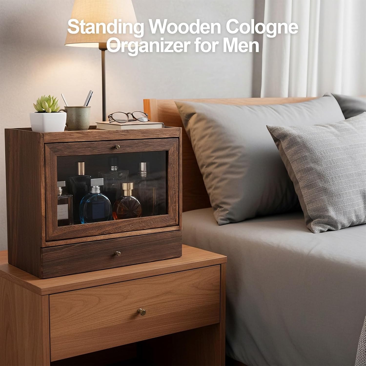 Cologne Organizer for Men,Nightstand Organizer,Cologne Shelf, Solid Wood Cologne Stand with Drawer Storage and Clear Window,Dresser Drawer Organizers,Perfume Stand Organizer,Brown
