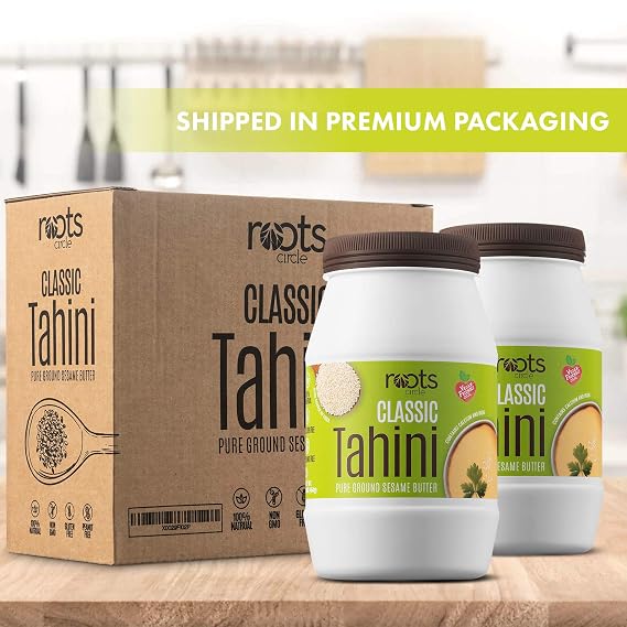 Roots Circle All-Natural Sesame Tahini Paste | 100% Pure Rich & Creamy Ground Sesame Seed Paste for Hummus, Tahini Sauce, Dressing & Dips | Vegan, Kosher | Non-GMO, Gluten & Peanut-Free | 2 Jars 16 Oz
