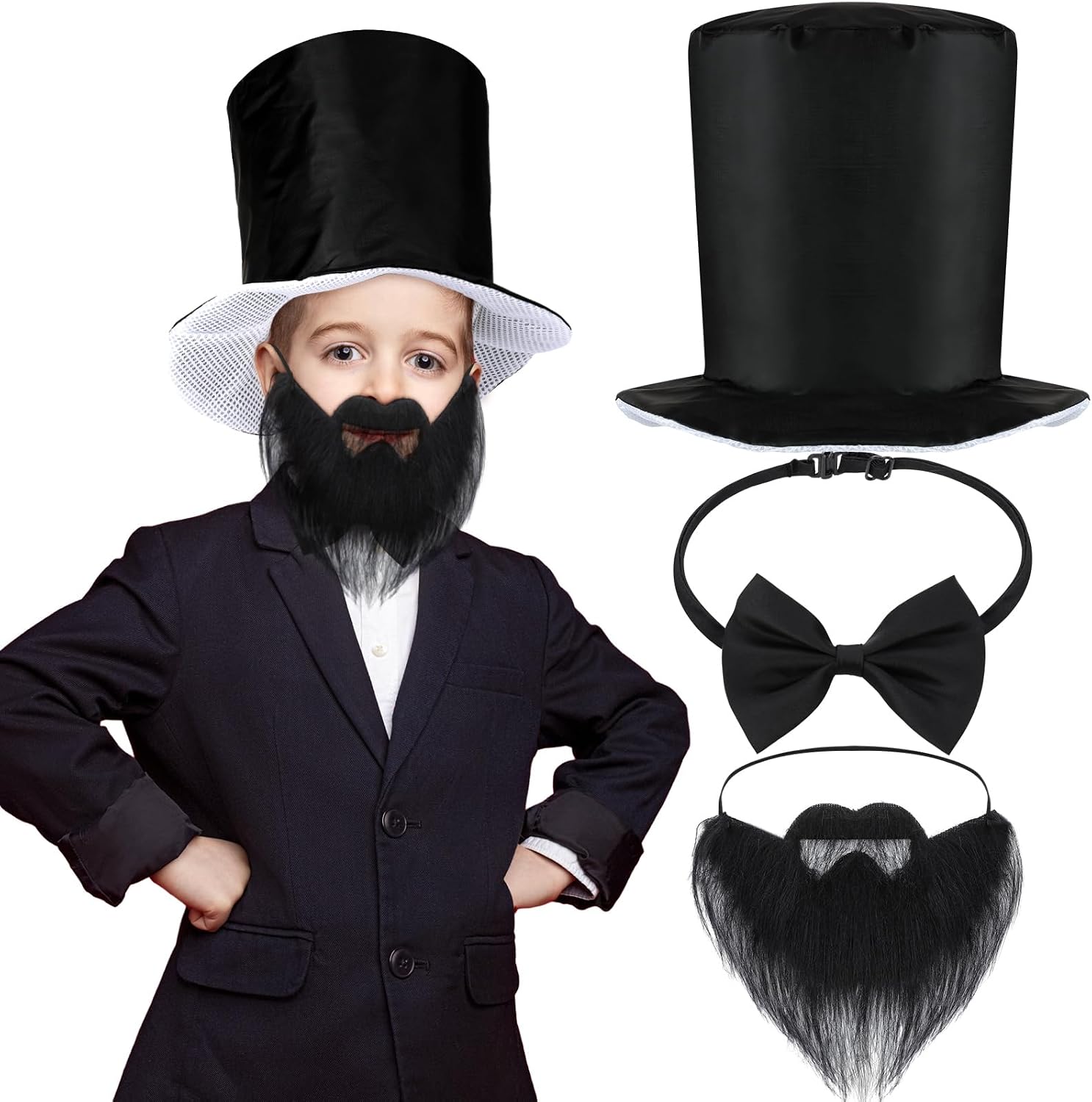Panitay 3 Pcs Abe Costume Cosplay Accessories for Kids Abe Tall Hat and Fake Beard Bow Tie for Patriotic Presidents Day Costume Accessories Dress up Halloween Supply