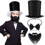 3 Pcs Abe Costume Cosplay Accessories for Kids Abe Tall Hat and Fake Beard Bow Tie for Patriotic Presidents Day Costume Accessories Dress up Halloween Supply