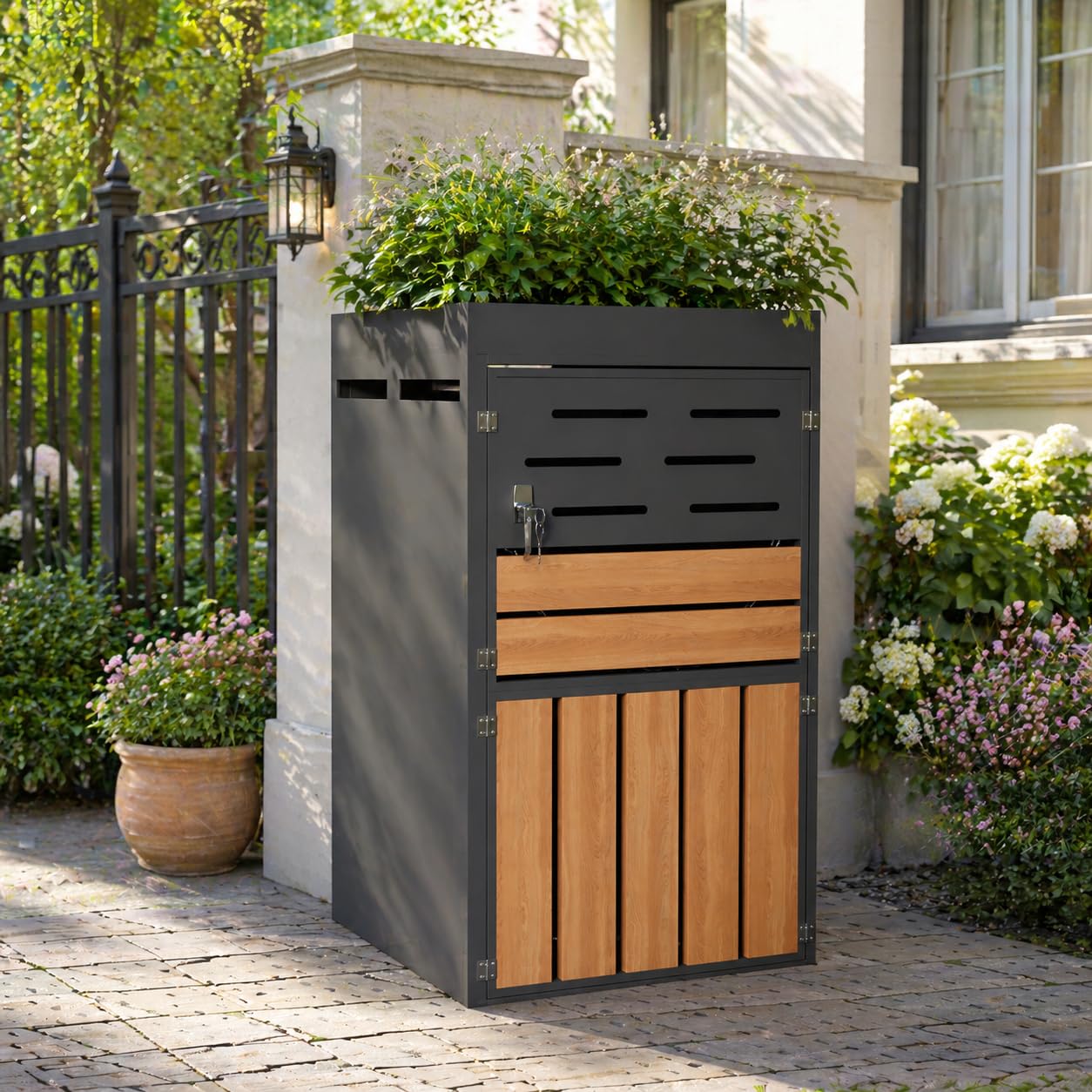 REXO Armario exterior multifuncional, jardinera integrada, rejilla de ventilación, marco de acero galvanizado, puertas con cerradura, cadena de seguridad, para almacenamiento y decoración de jardín