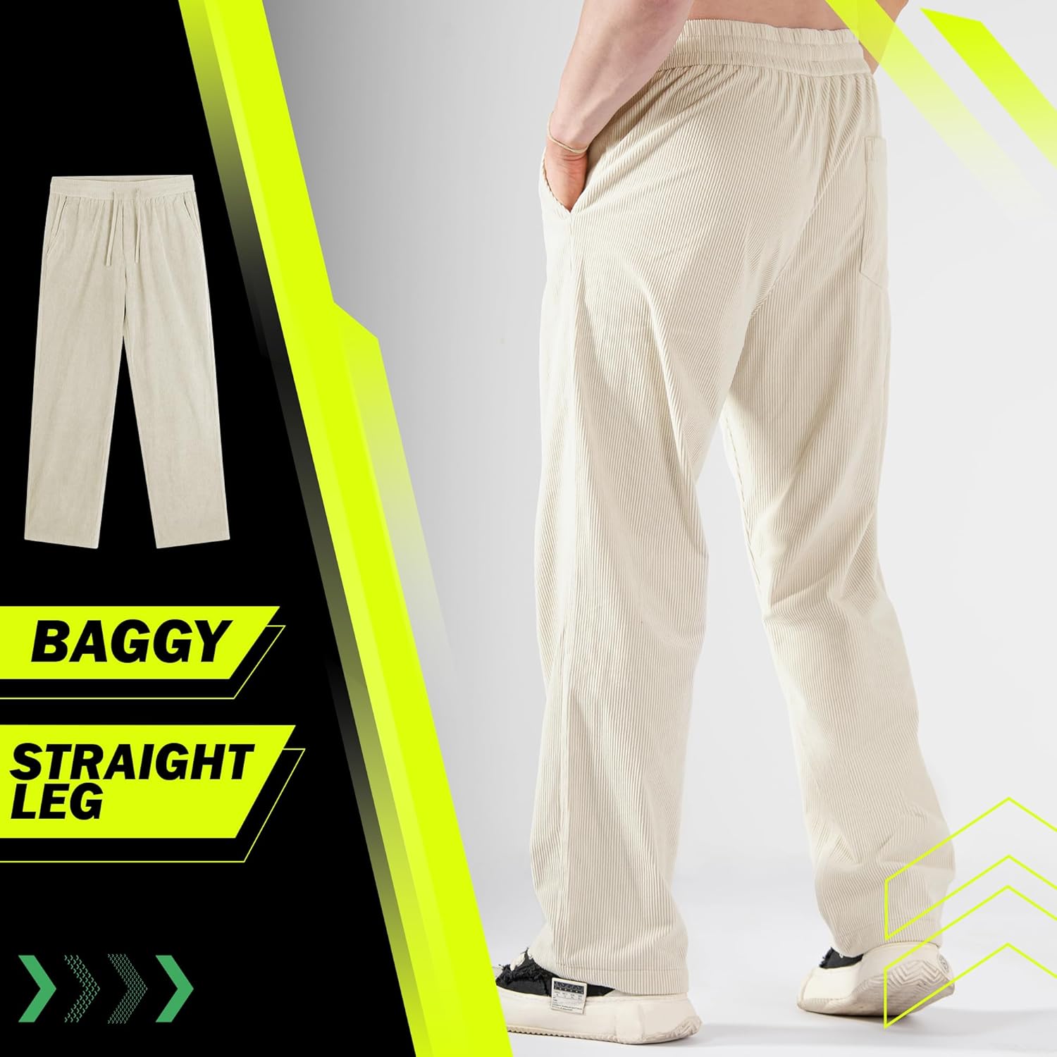 Mens Corduroy Casual Pants Warm Straight Leg Loose Fit with Pockets Drawstring Elastic Waist Vintage Sweatpants Baggy Beige - Image 3