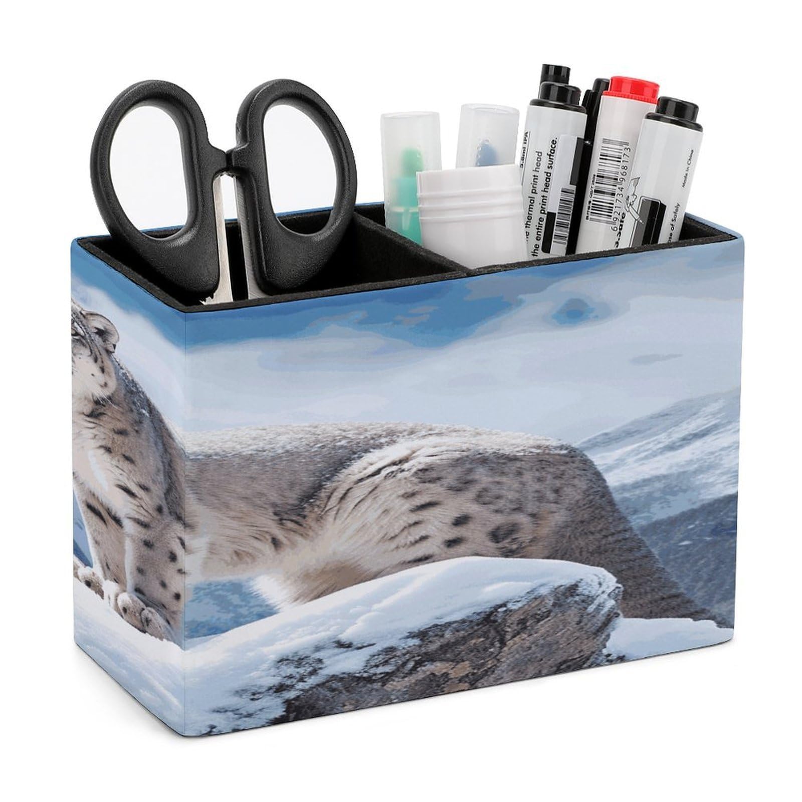 LDGSUPH Snow Leopard Mountain Leather Pen Holder for Desk Organizer Caddy Large Pencil Cup Multi-function Pencil Holder Makeup Brush Holders Pen Organizer for Home Office Storage Box