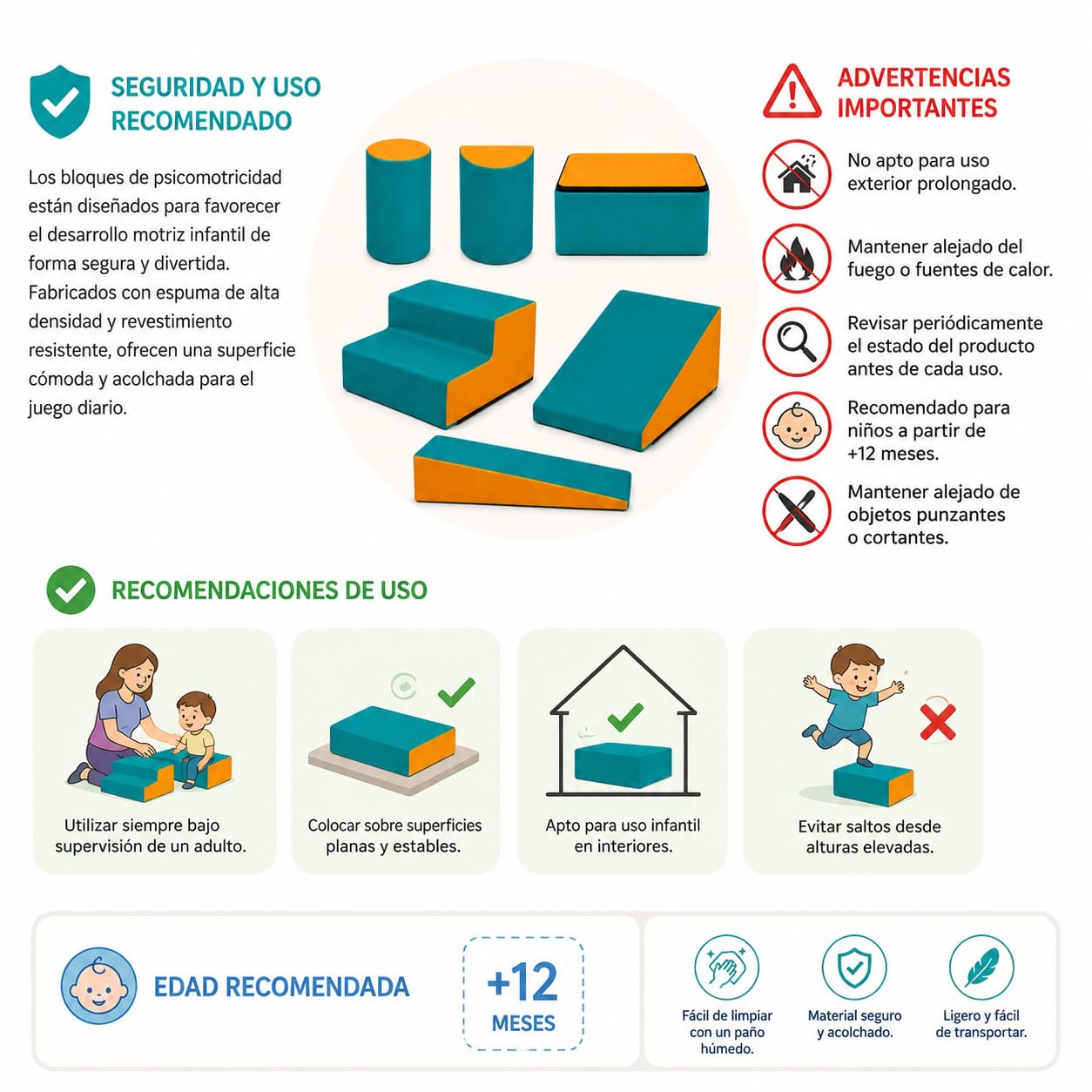 TIENDA EURASIA – Figuras de Espuma para Psicomotricidad Infantil | Bloques Blandos de Juego Educativo | Espuma y Poliéster | Diferentes Formas | Multicolor (Cuadrado 40x40x20 cm)
