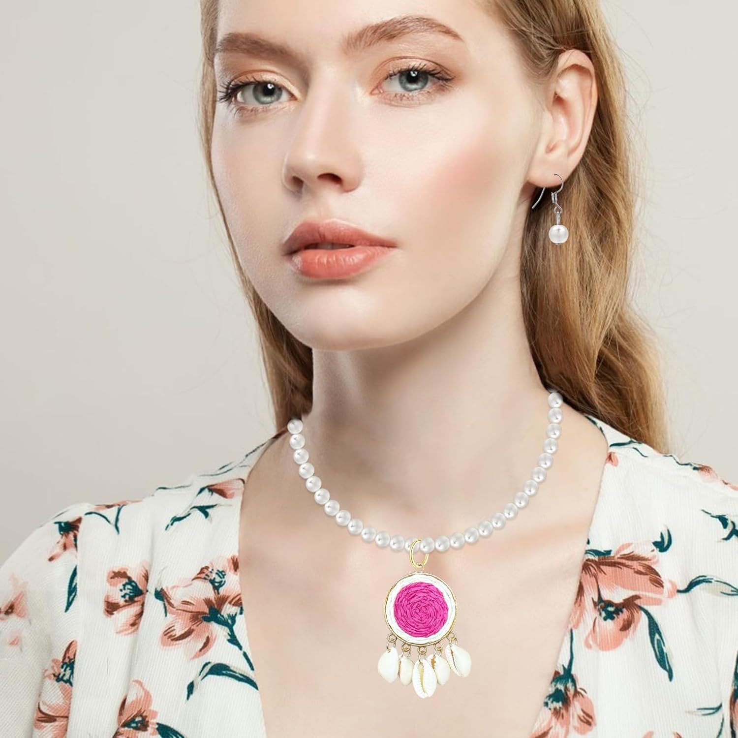 Summer Beach Vacation Earrings and Necklace Set Lafite Grass Woven Round Design Bohemian Shell Tassel Pendant for Women - Image 3