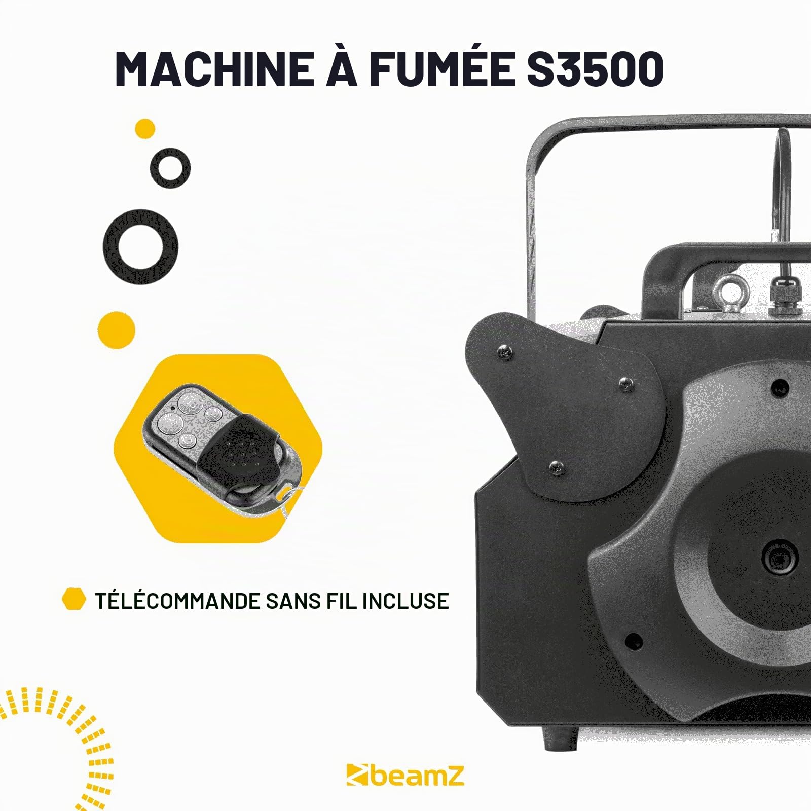BeamZ S3500 Machine à Fumée Professionnelle DMX 3500W, Écran de Contrôle Affichage LCD, Télécommande sans Fil, 1200 m³ de Débit par Minute, Réservoir 5 L, Idéal pour Grandes Salles