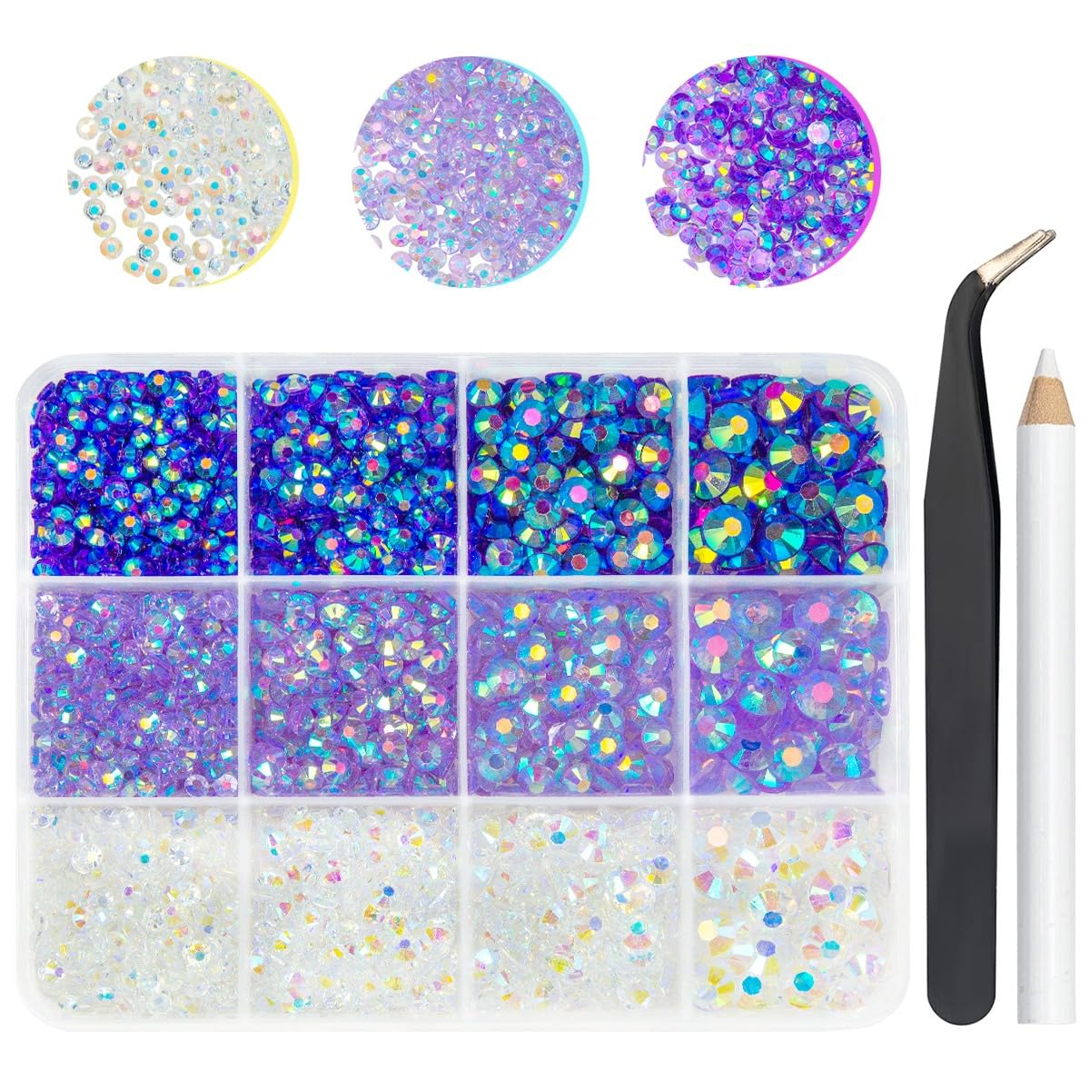qiipii Transparent Purple AB 3 Color Jelly Resin Rhinestones Bulk 3mm 4mm 5mm 6mm Flatback Stones for Crafting Colorful Gems Diamonds Charms for Nails