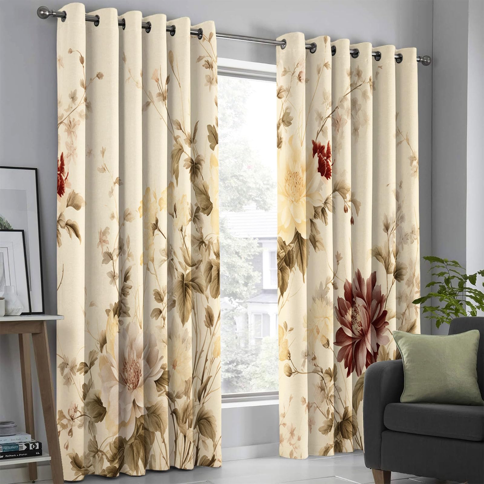 Cortinas Opacas con Estampado Plantas Retro Dormitorio, 140×160 CM, con Estampado de Peonía CaíDas con Ojales, Aislamiento TéRmico Amarillo, ReduccióN De Ruido, Juego De 2