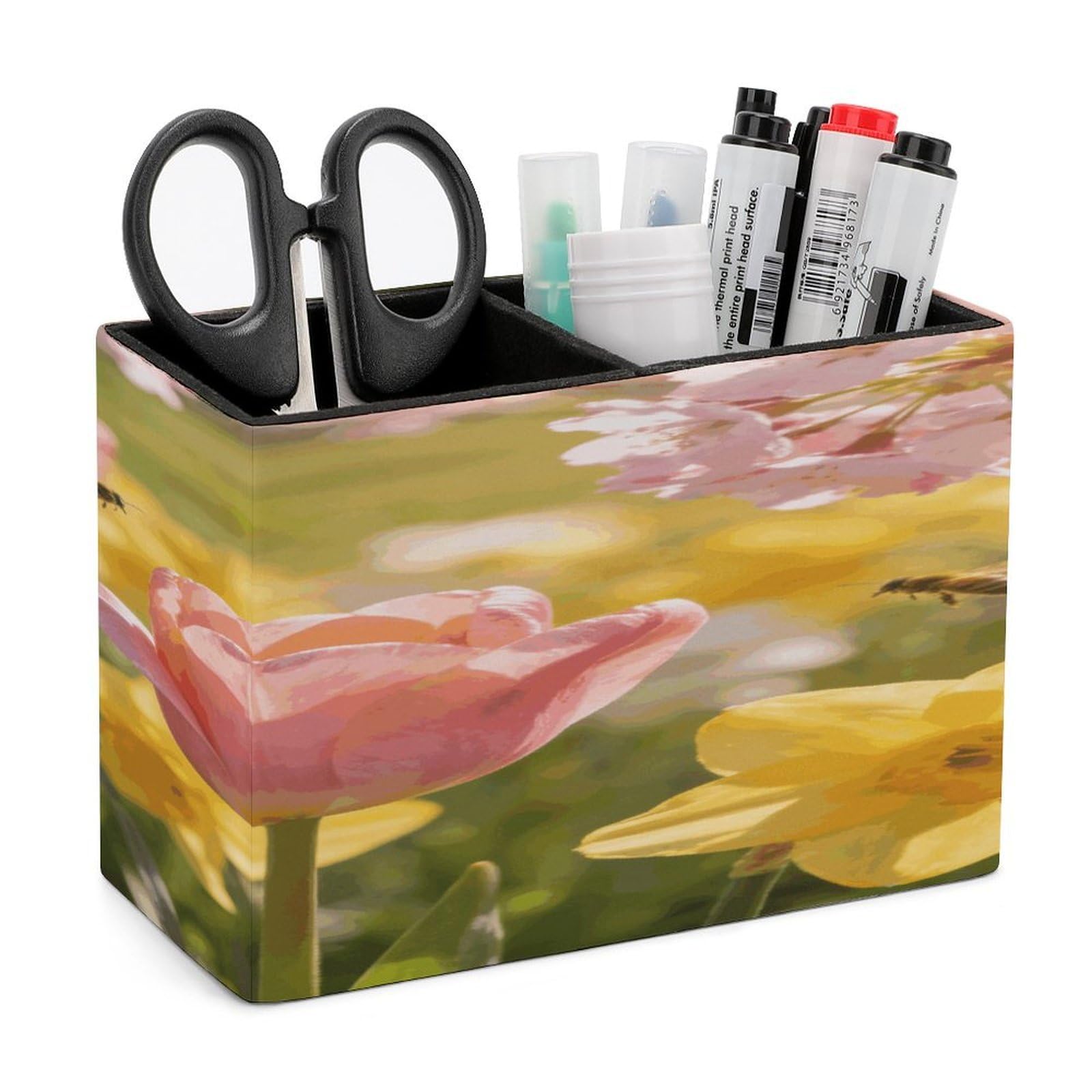 LZQPOEAS Spring Field Sweet Words Pen Holder Double Compartments Pen Cup Makeup Brush Holders Leather Pencil Holder Locker Organizer for Work Locker Accessories Modern Pencil Cup for Desk