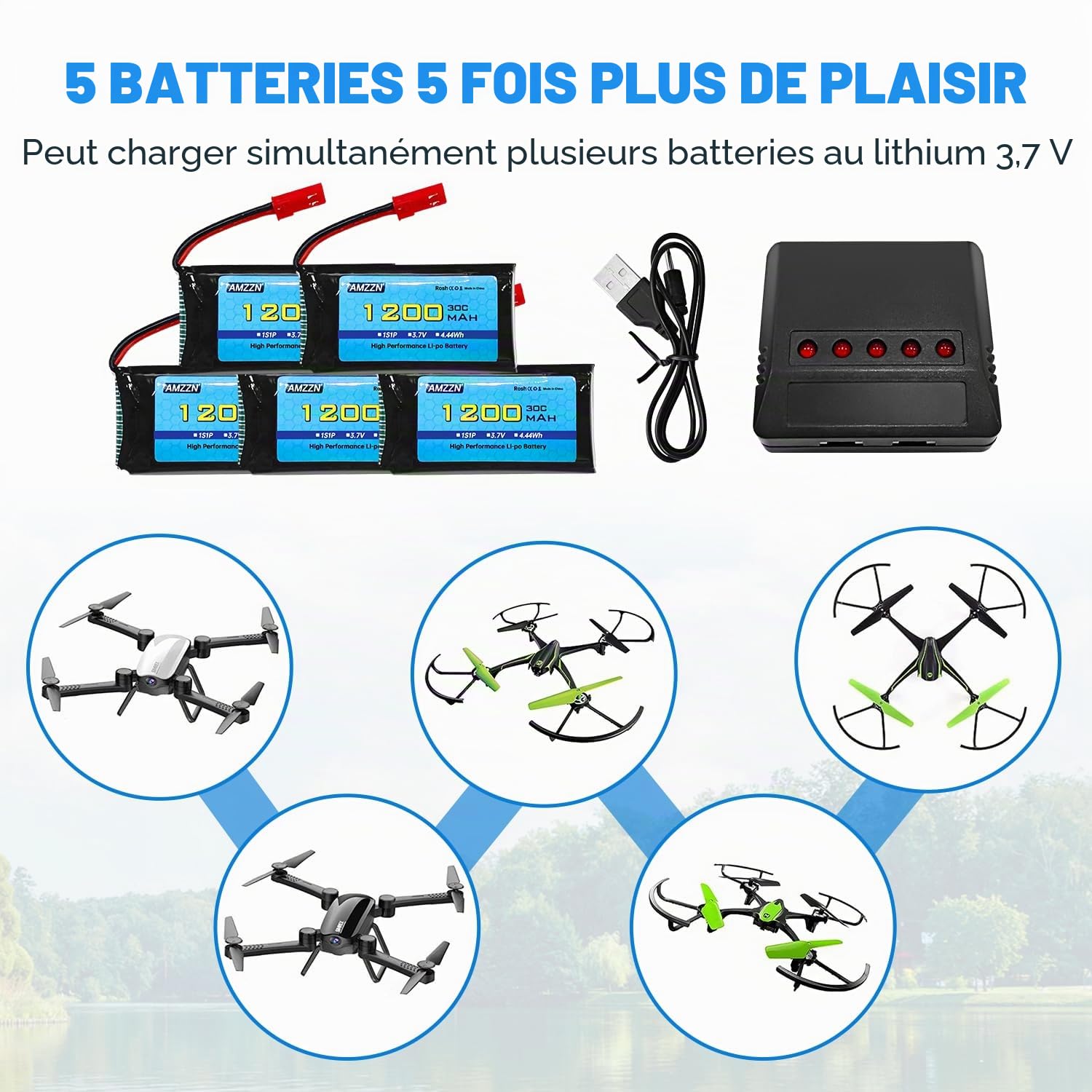 5PCS 3,7V 1200mAh 30C JST Plug Lipo batterie avec chargeur 5-en-1 pour MJX T04 T05 T25 X900 X9TW V2400HD V2450FPV V2450GPS télécommande drone