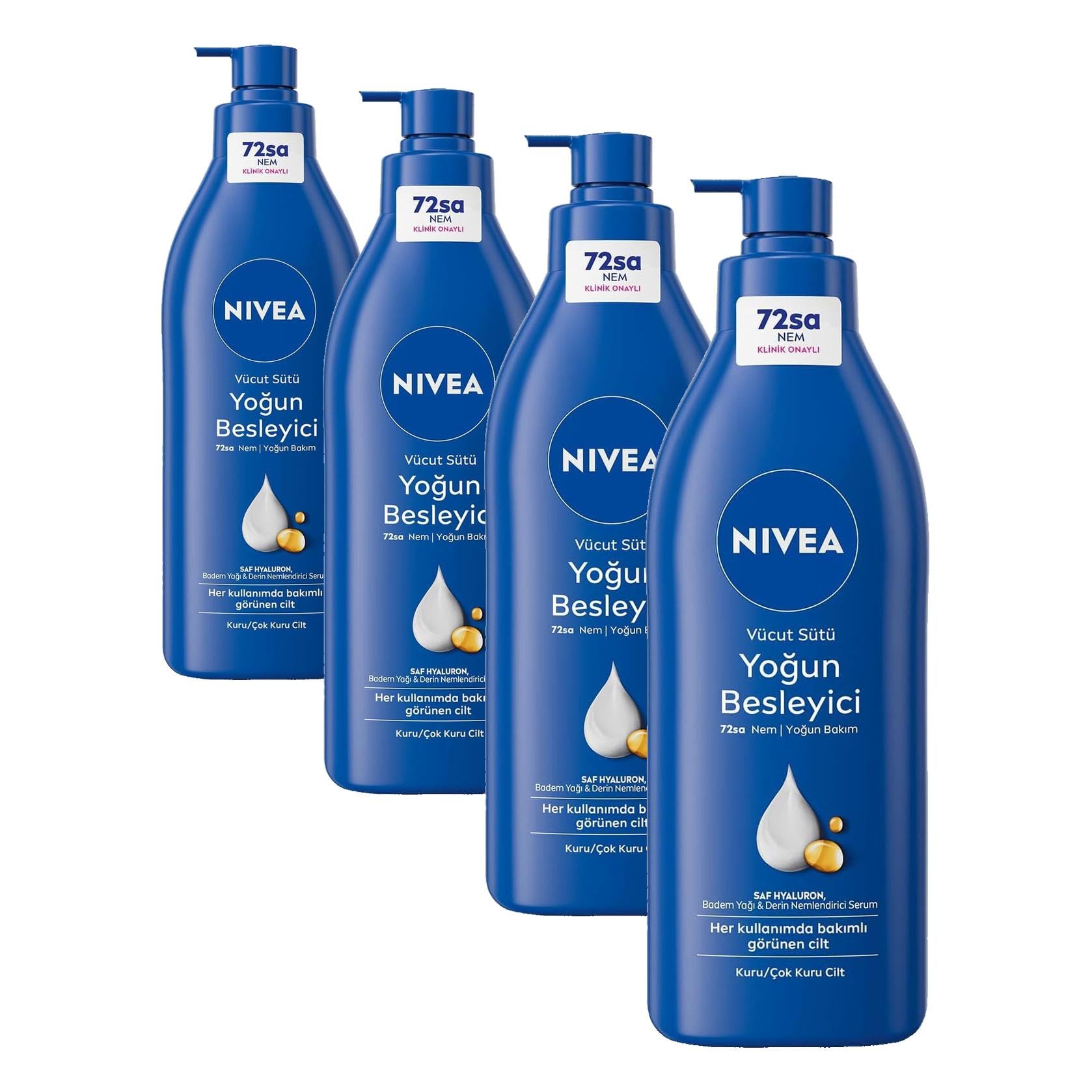 NIVEA Besleyici Vücut Sütü 400 ml, Kuru ve Çok Kuru Ciltler, 72 Saat Yoğun Nemlendirici Vücut Losyonu, 2 Kat Fazla Badem Yağı (4 paketi)