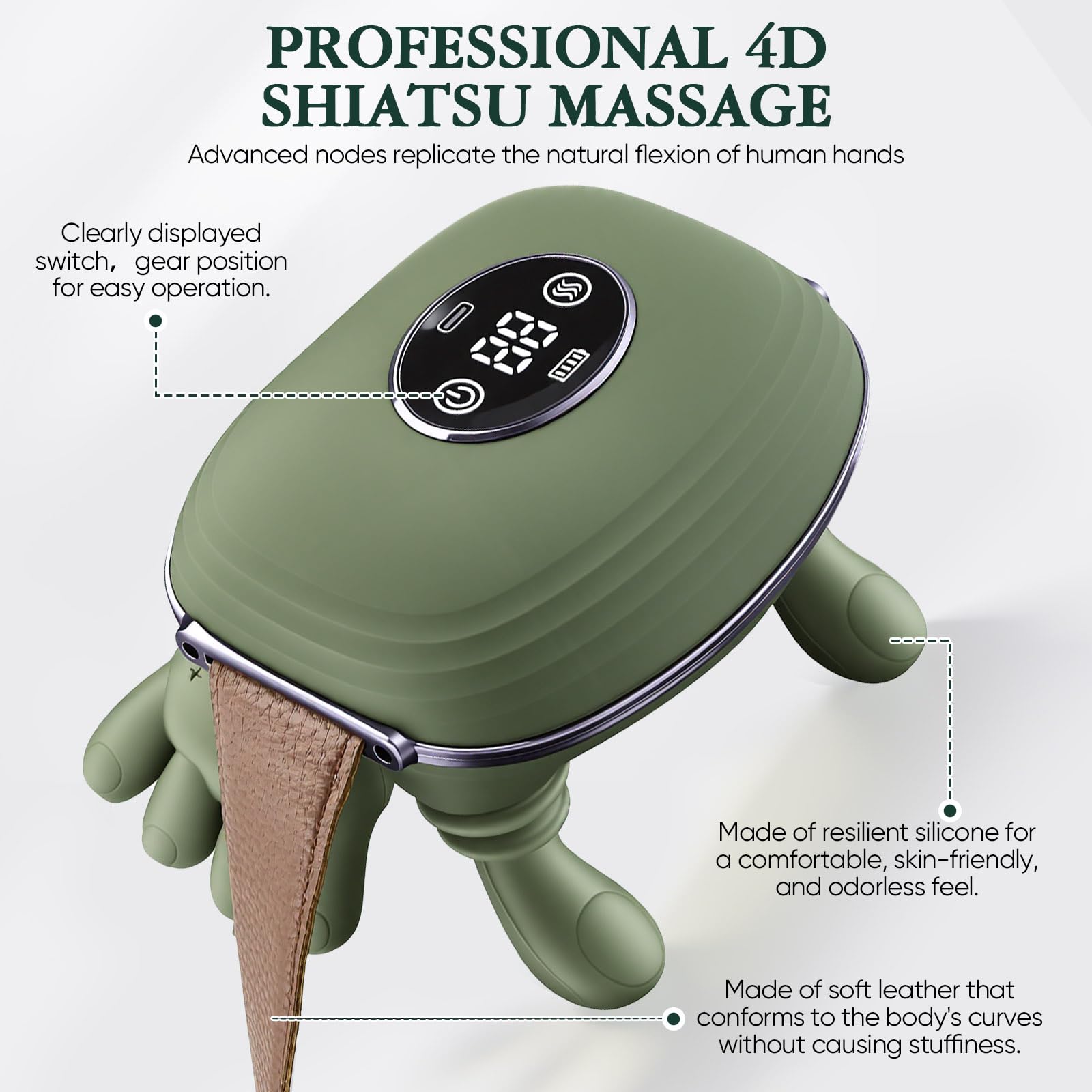 MassagegeräT, 4D Nackenmassagegerät mit Wärme, Shiatsu Massagegerät mit bionischer Hand, LED Touchscreen, 3 Intensitätsstufen & 2 Heizstufen, Elektrisches Massagegerät für Zuhause, Büro & Reise, Grün