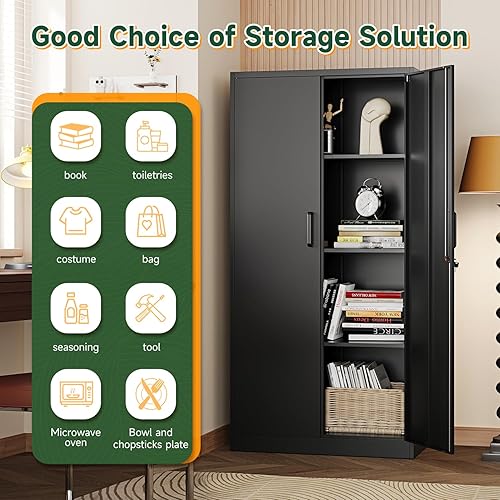 Miniatura 6 de Letaya Armario de almacenamiento de metal negro con estantes ajustables y puerta de cerradura, gabinetes de despensa de metal para el hogar,