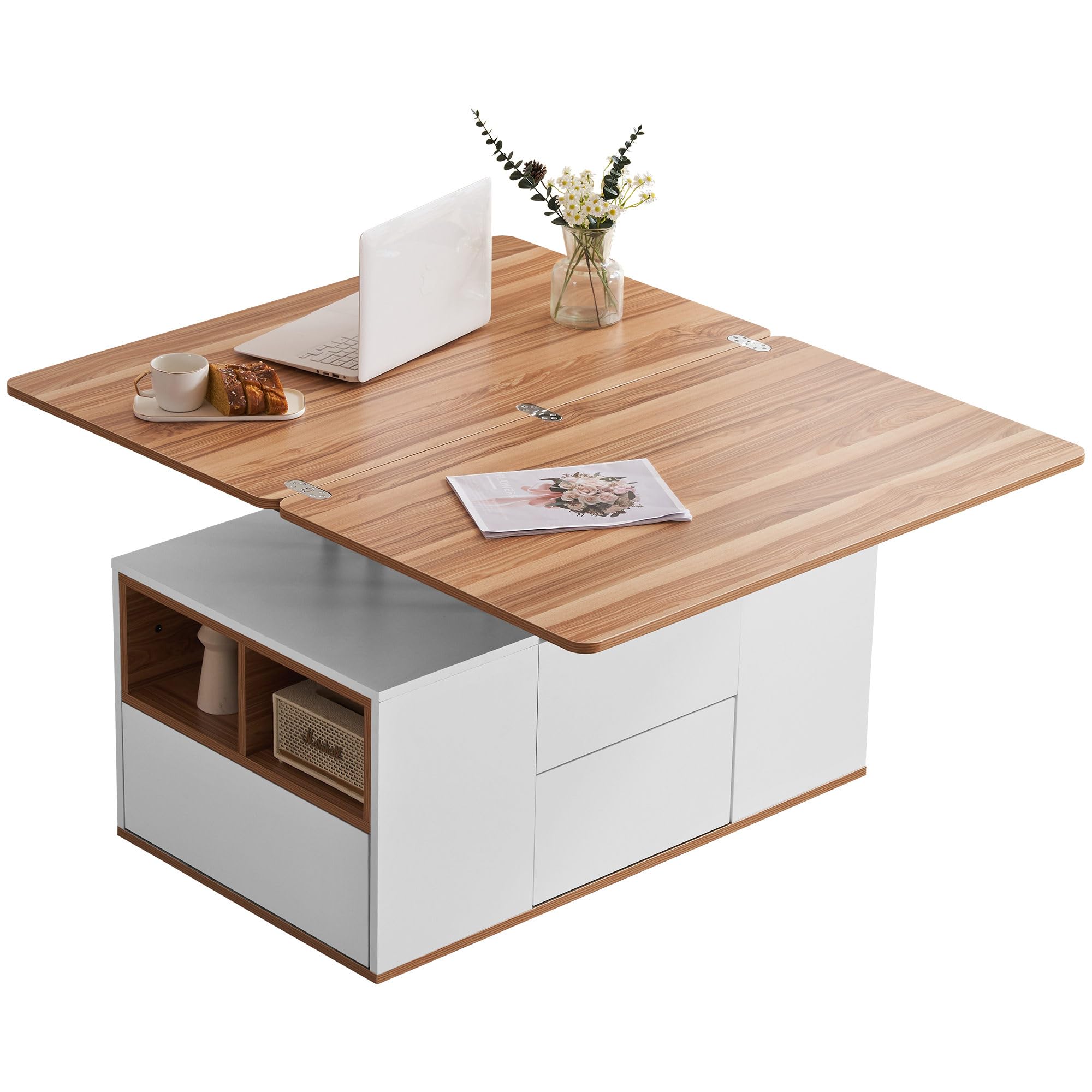 Multifunctional Lift Top Coffee Table with Adjustable Height, 3-in-1 Convertible Dining Desk, Push-Open Storage Drawers & Hidden Compartment - Modern White Furniture
