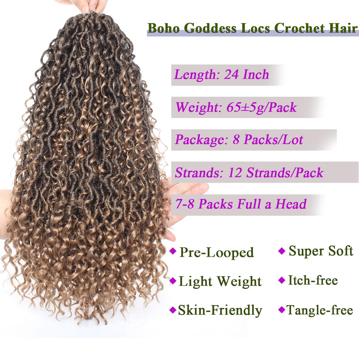 Kachanaa 24 Inch Goddess Locs Crochet Hair 8 Packs Pre-Looped River Locs with Curly Ends Synthetic Ombre Blonde Bohemian Faux Locs Crochet Hair for Woman /T27# - Image 3