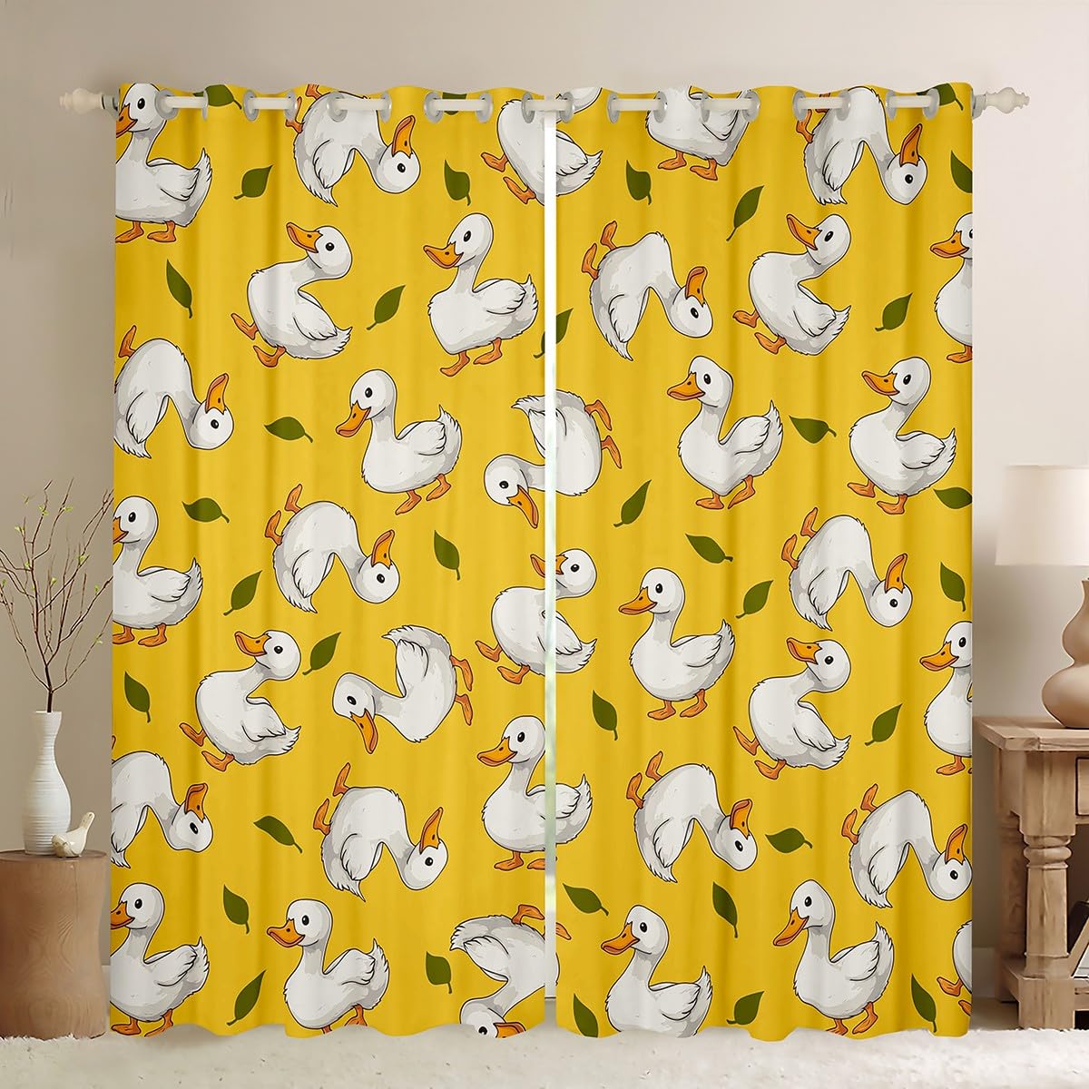 Manfei Cute Ducks Blackout Curtain White Ducks Print Window Drapes for Kids Boys Girls Farm Animals Theme Yellow Window Treatments