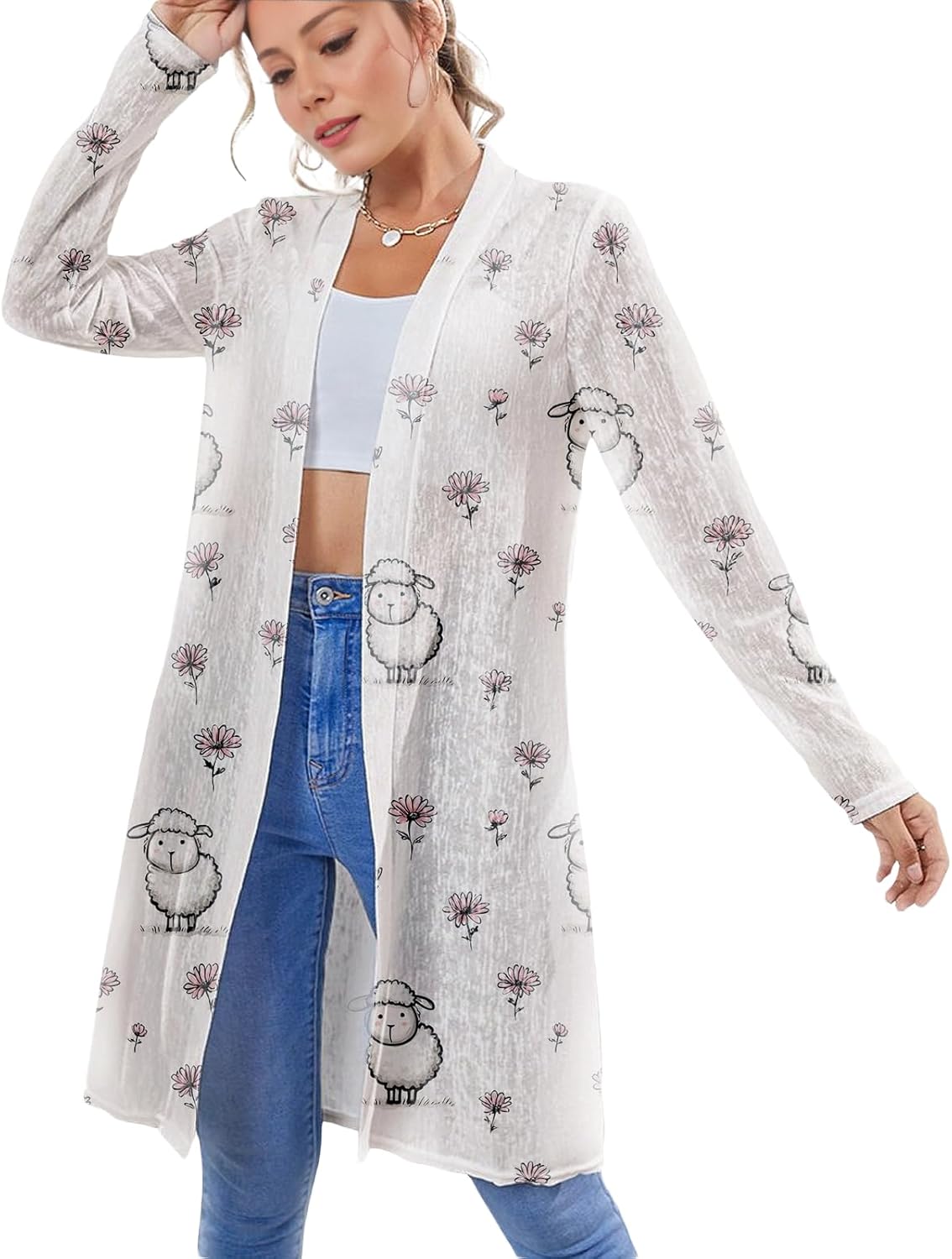 Fashion Women's Cardigan Lightweight Comfy Breathable Mid-Length Long Sleeve Cardig...