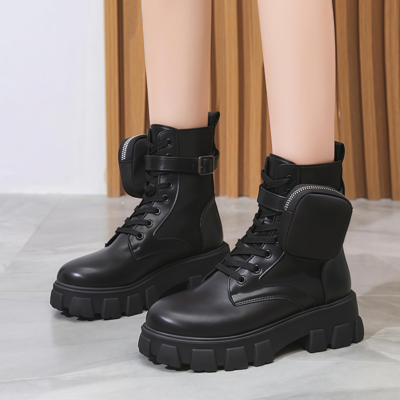 Donna piattaforma Lace-Up stivali da combattimento rotondo chiuso dita tacco basso caviglia stivali corti con tasca tasca tacco medio spessa suola Punk moto autunno inverno stivali
