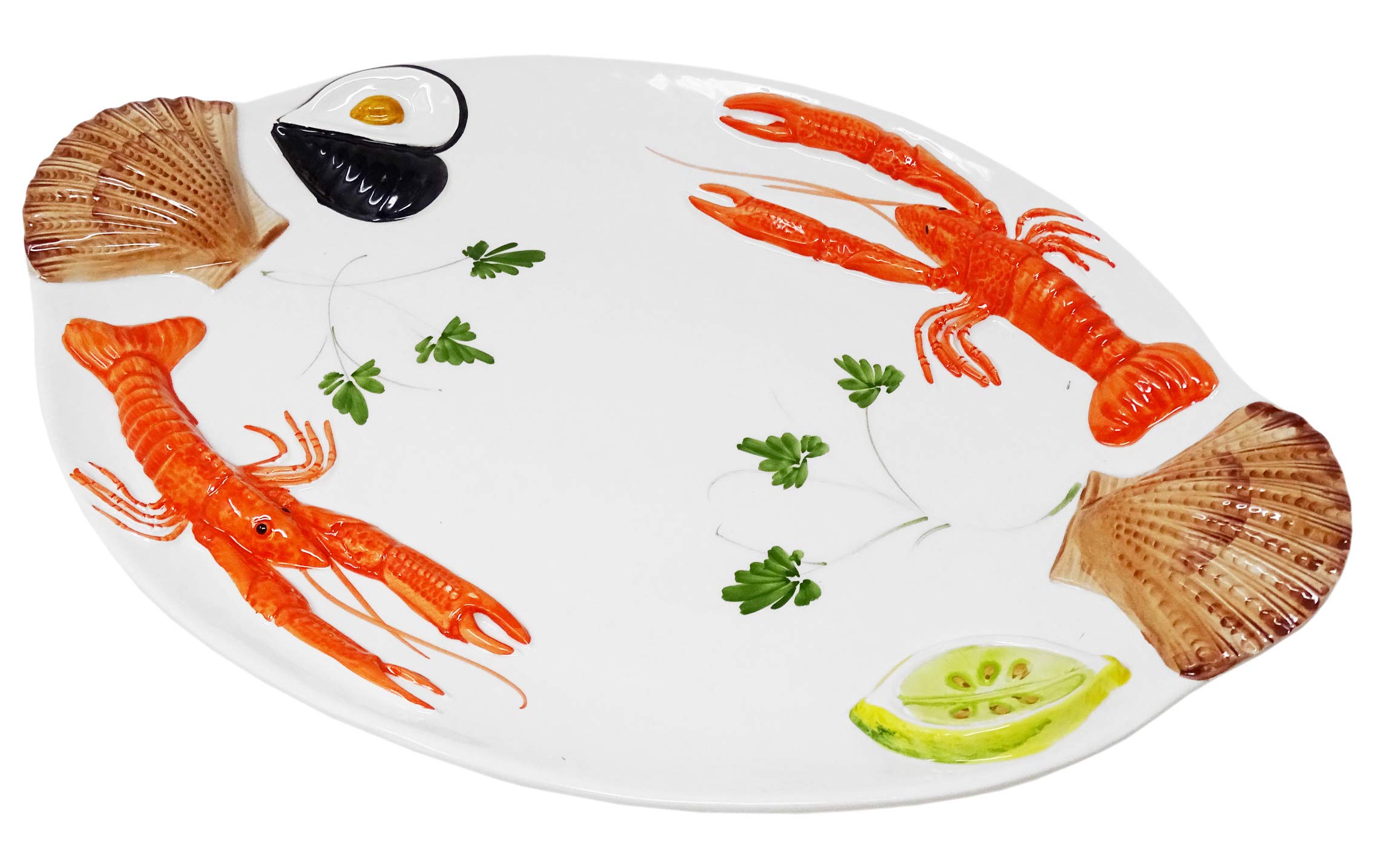 Lashuma Piatto da Portata Ovale Fatto a Mano in Ceramica Italiana a Forma di Frutti di Mare, Grande Piatto da Portata 50 x 32 cm