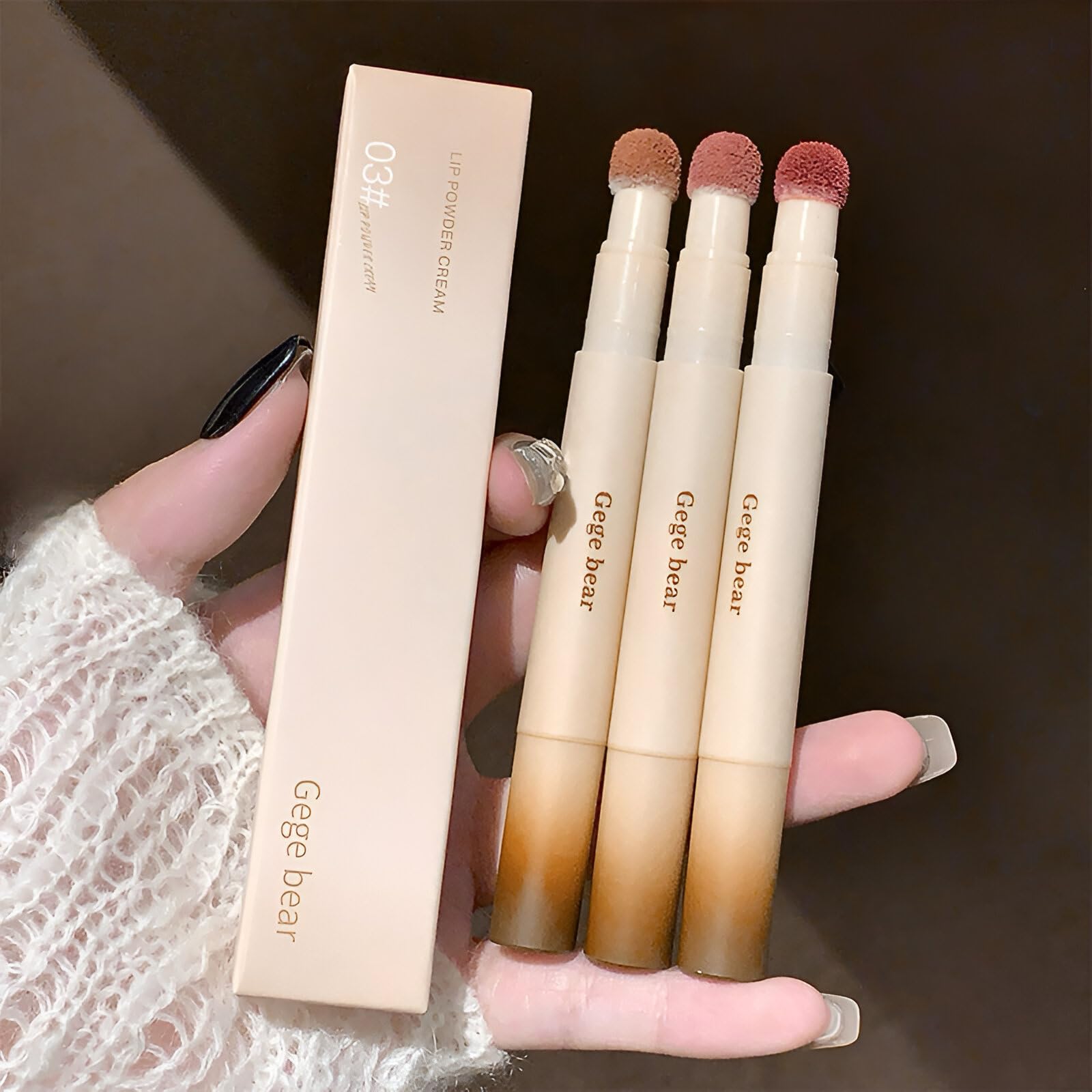 Gege Bear Velvet Lip Powder Cream | Moisturizing | Matte Mousse Lip Glaze Non-Sticky | Sponge Applicator | 4 Nude Shades Light Pink Brown Peach | Long Lasting Waterproof | Women Girls Beauty Lipstick Candy | Non Transfer Queen (03# Gray Pink Litchi, 2g)-image-4