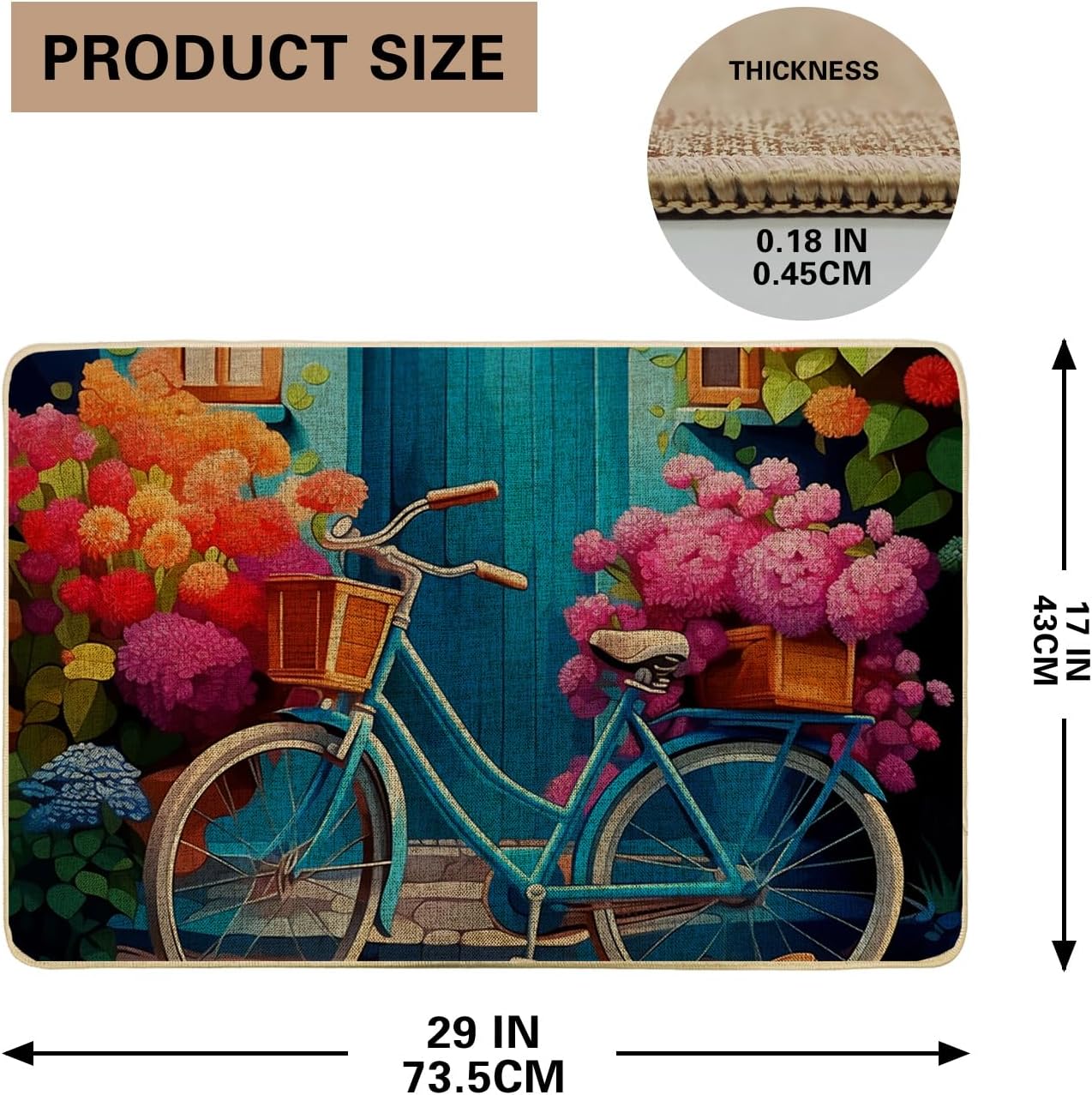 Spring Washable Door Mat Rustic Cottage Farmhouse Bicycle Beautiful Flower Blue Violet Orange Rubber Absorbent Duty Decorations Bathroom Patio Office Porch Home Waterproof Non Slip 17x29 inch