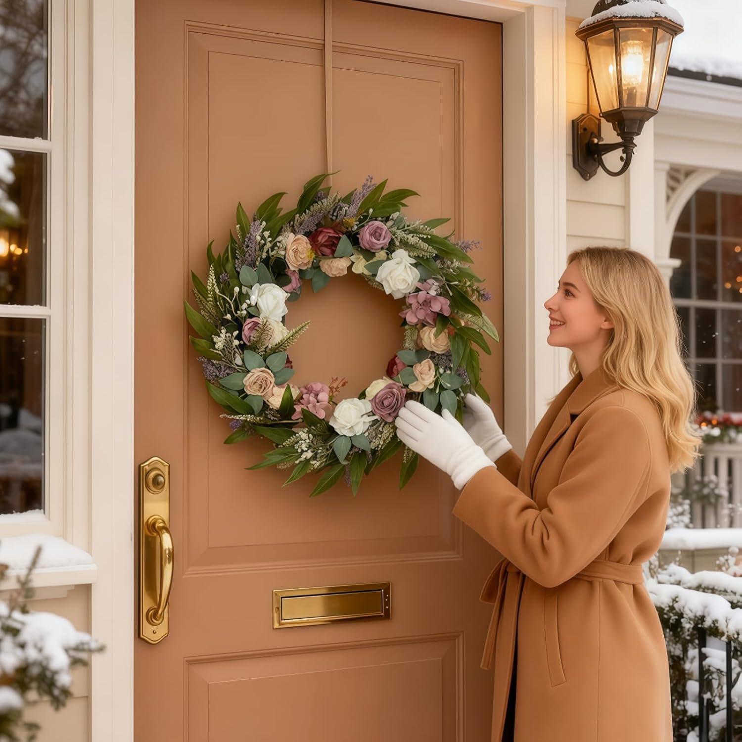 26 Inch Eucalyptus Wreaths for Front Door with Colorful Roses, Hydrangeas, Lavender, Berries, Salal Leaves, Ferns, Dusty Miller - Artificial Green Door Wreath, Porch Decor - Spring, Summer