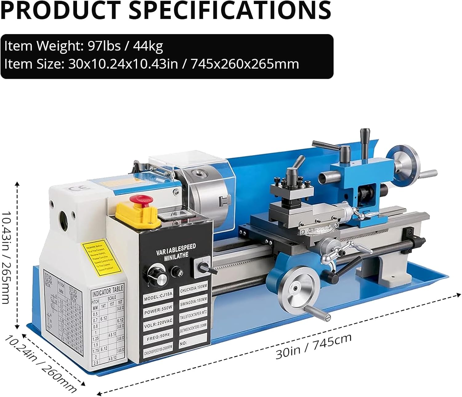 Mini Metal-Lathe Machine Benchtop 550W Variable Speed 2250RPM W/ 3-Jaw Chuck CNC - Picture 6 of 18