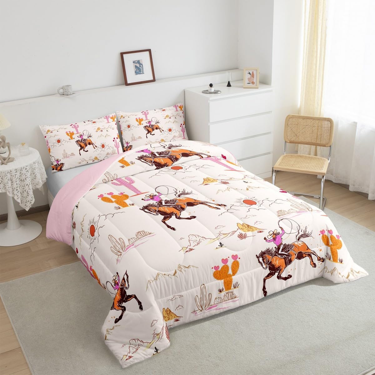 Erosebridal Western Cowgirl Twin Comforter Set,Wild West Horse Bedding Sets for Girls Kids Teen,Retro Cactus Mountain Quilt Bed Set,Rustic Country Vintage Bedroom Decor,1 Pillowcase Breathable - Image 4