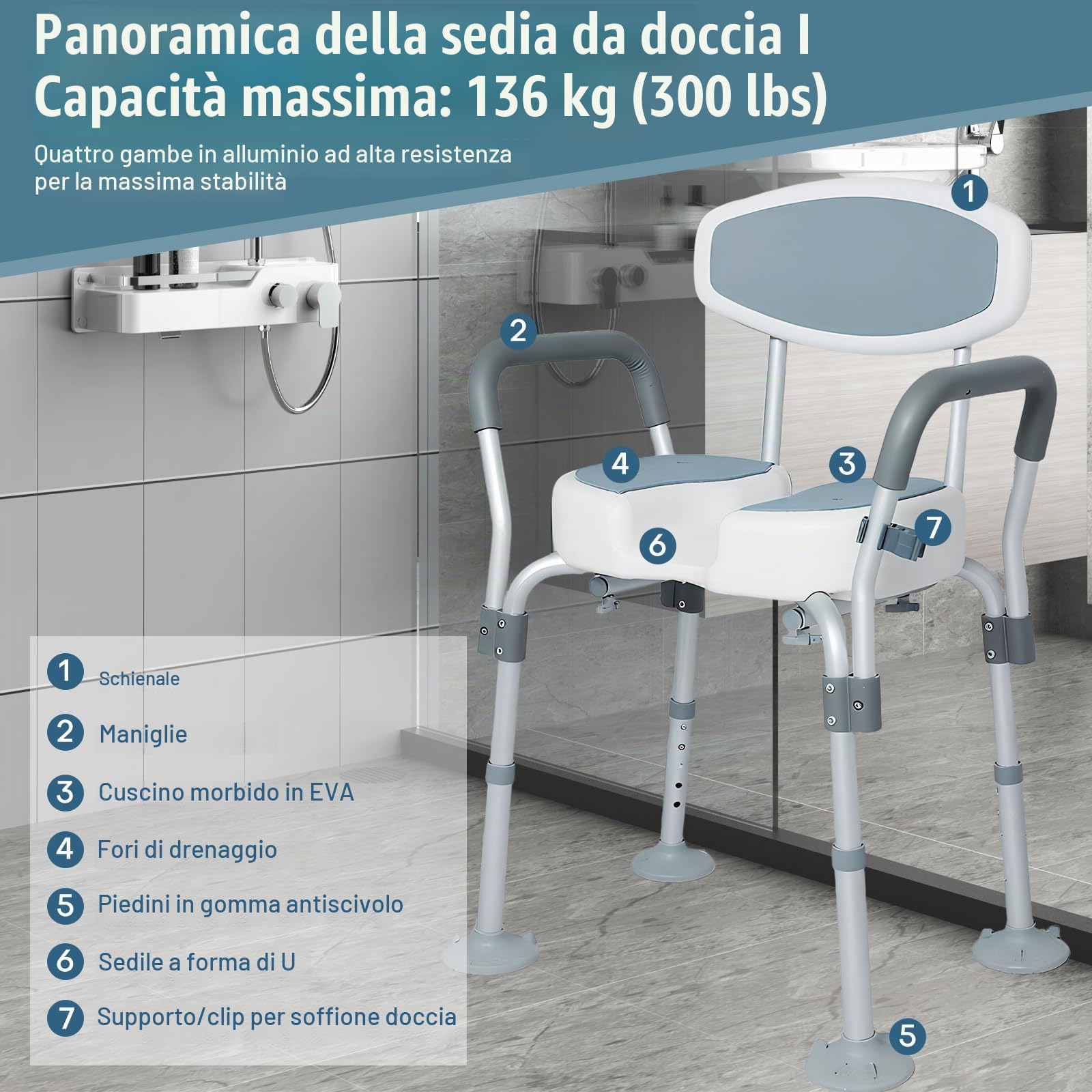 Sedia Doccia Anziani Sgabello Doccia Anziani con Braccio Rimovibile Sedile con Schienale Antiscivolo in Alluminio 5 Altezza Regolabile Fino a 136kg