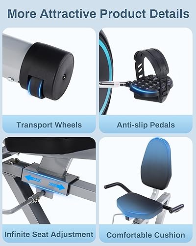 Miniatura 8 de Bicicleta estática reclinada para personas mayores asiento de ajuste rápido, bicicleta reclinada magnética con resistencia silenciosa de 16 niveles,