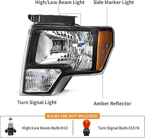 Miniatura 2 de DWVO Conjunto de faros delanteros compatible con Ford F150 09-14 2009-2014 2009-2014, carcasa cromada, reflectores ámbar, par del lado del conductor