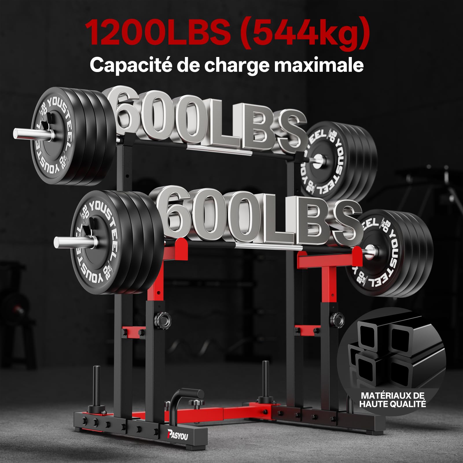 PASYOU Cages de squat,Multi-Fonction Supports de Squat Réglable, Squat Rack Musculation Avec Push up,Fitness Multifonction, Robuste, Noir&Rouge | Support de squat robuste réglable en hauteur, convient pour les squats, développé couché, musculation, 544,3