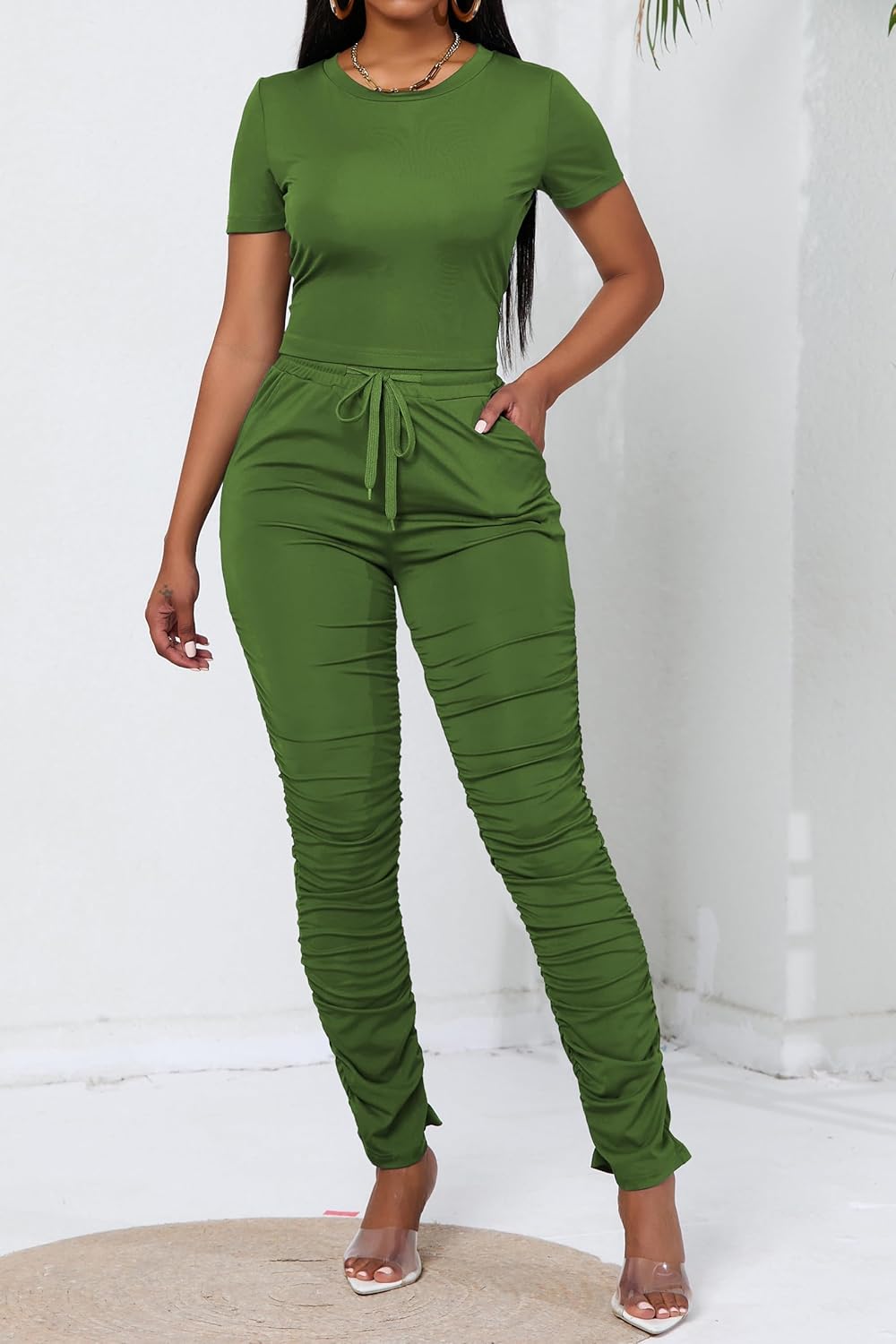 PINSV Women's 2 Piece Outfits Bodycon Lounge Wear Crop Top Stacked Pants Going Out Jogging Tracksuit Sets - Image 3