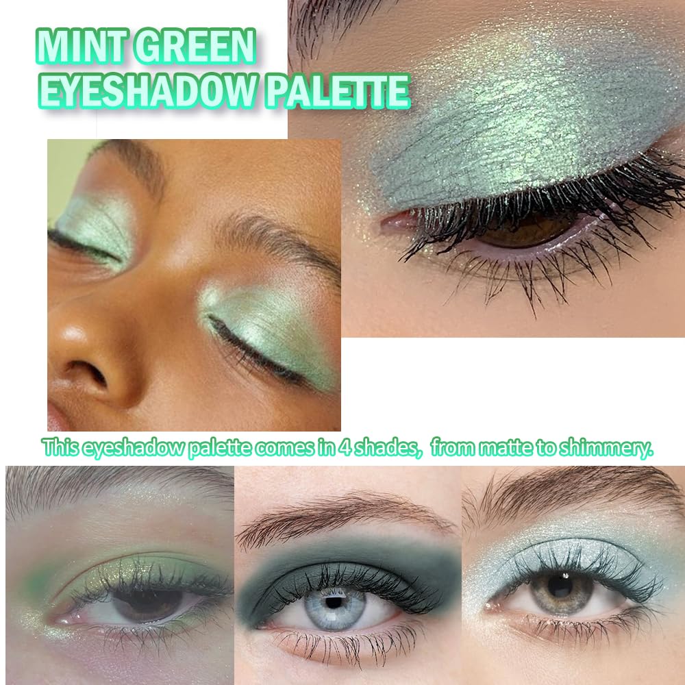 Lidschatten-Palette, matt, hellgrün, mit Glitzer, 4 Farben, wasserfest, mit Pigmenten aus Minze und Meerschaum, für Damen